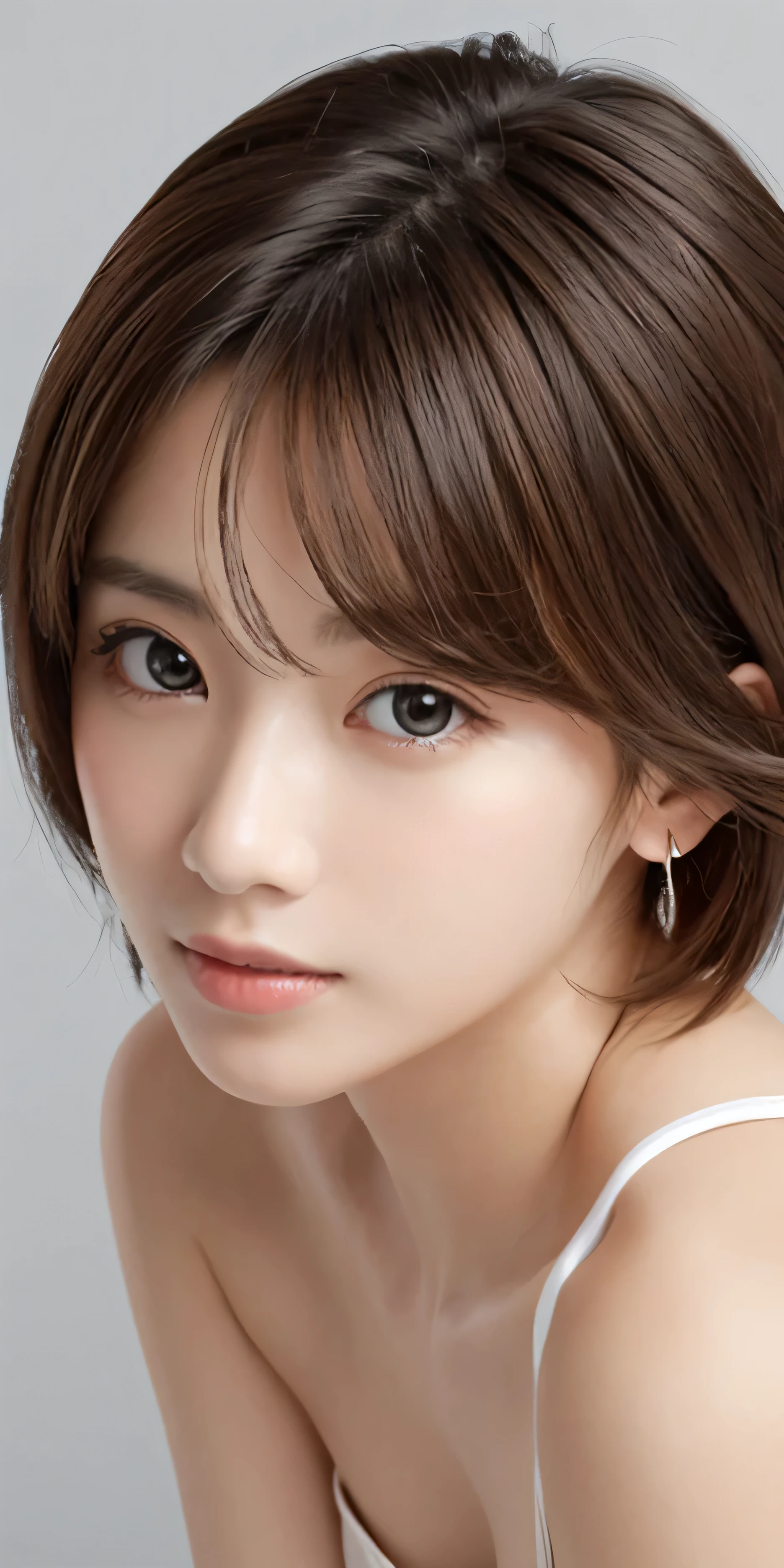 masterpiece、highest quality、High resolution、table top、wallpaper、realistic、bright lighting、professional lighting、face light、smooth lighting、japanese woman、adult、Beautiful woman、action、gravure、sexy、poor、super beautiful、beautiful skin、beautiful and detailed eyes、detailed face、slim、moderately、short hair、brunette colored hair、brown eyes、look at the camera、white underwear、