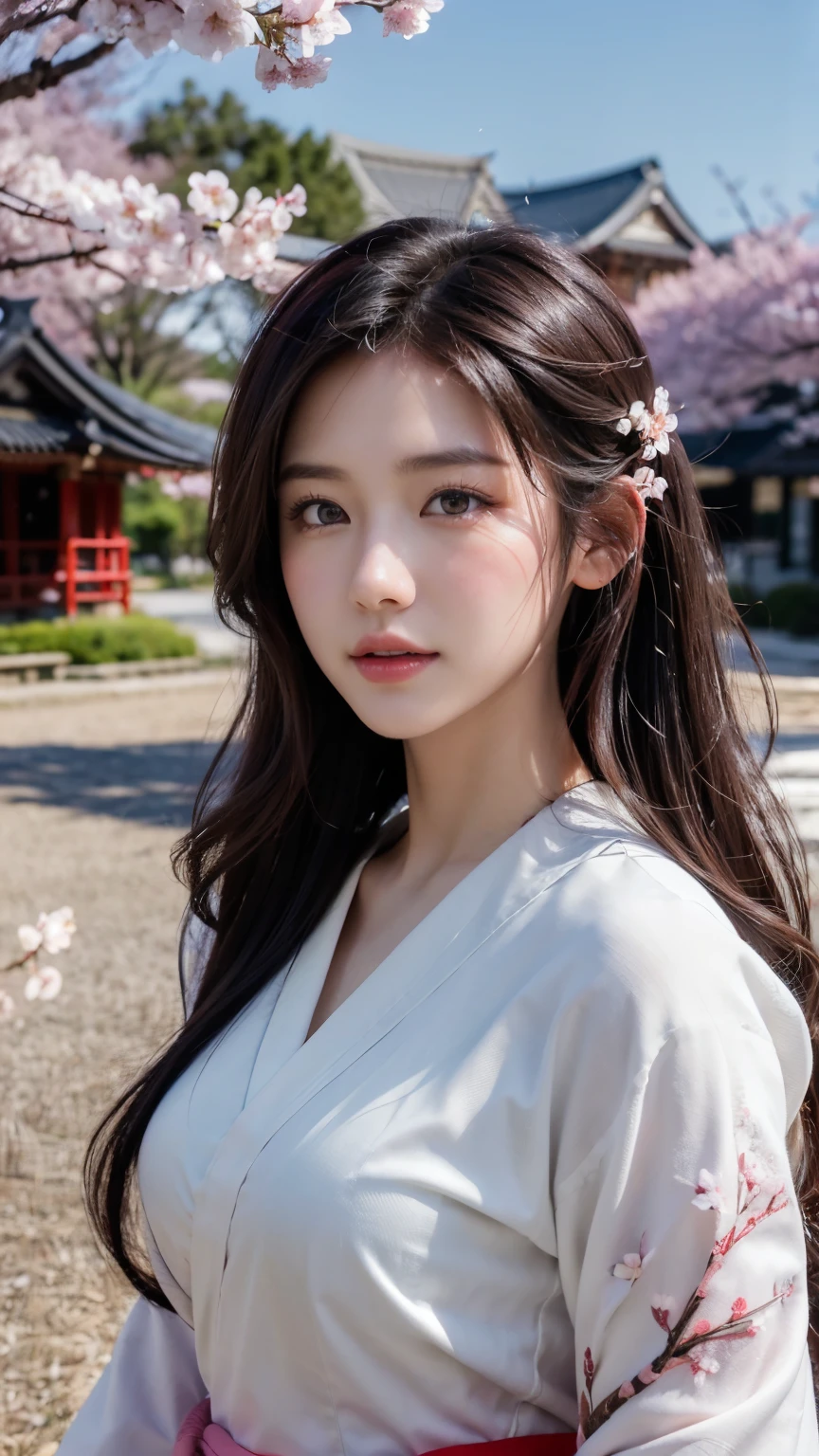 (Logo, Masterpiece, 8k, Tabletop, RAW Photo, Amazing, Top Quality, Photorealistic and Highly Detailed CG Integrated 8k Wallpaper, High Quality, Highly Detailed, Narrative Poetry, Particle Effects, Dynamic Effects, Character Boundary Depth, Cinematic lights, lens flares, ray tracing), fantasy, (single beautiful woman, white kimono, Japanese clothing, white cherry blossom pattern, white cherry blossom embroidery pattern, black hair, beautiful face, real face, beautiful eyes in detail, beautiful skin, long hair) Hair fluttering in the wind, long hair bouncing, long hair dancing in the wind), (cherry blossoms, cherry tree, cherry blossom petals dancing, cherry blossom blizzard, falling petals), hair fluttering in the wind, hair bouncing, pink cherry blossoms, Dancing petals, cherry blossom snowstorm, wonderful scenery, sunrise, background sun, wind, gods, teeth, stories of gods, vast land
