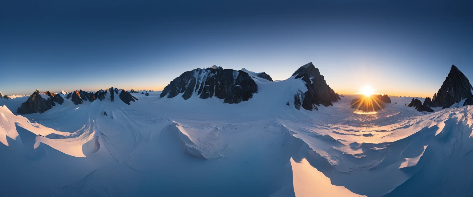 ((ultra wide angle theme:1.6)),(ultra wide angle shot:1.6), ((from above:2.0)), 8mm lens, lens flair, panorama, south pole, blue hour, dynamic, cinematic, ultra detailed, ultra high res, best quality,