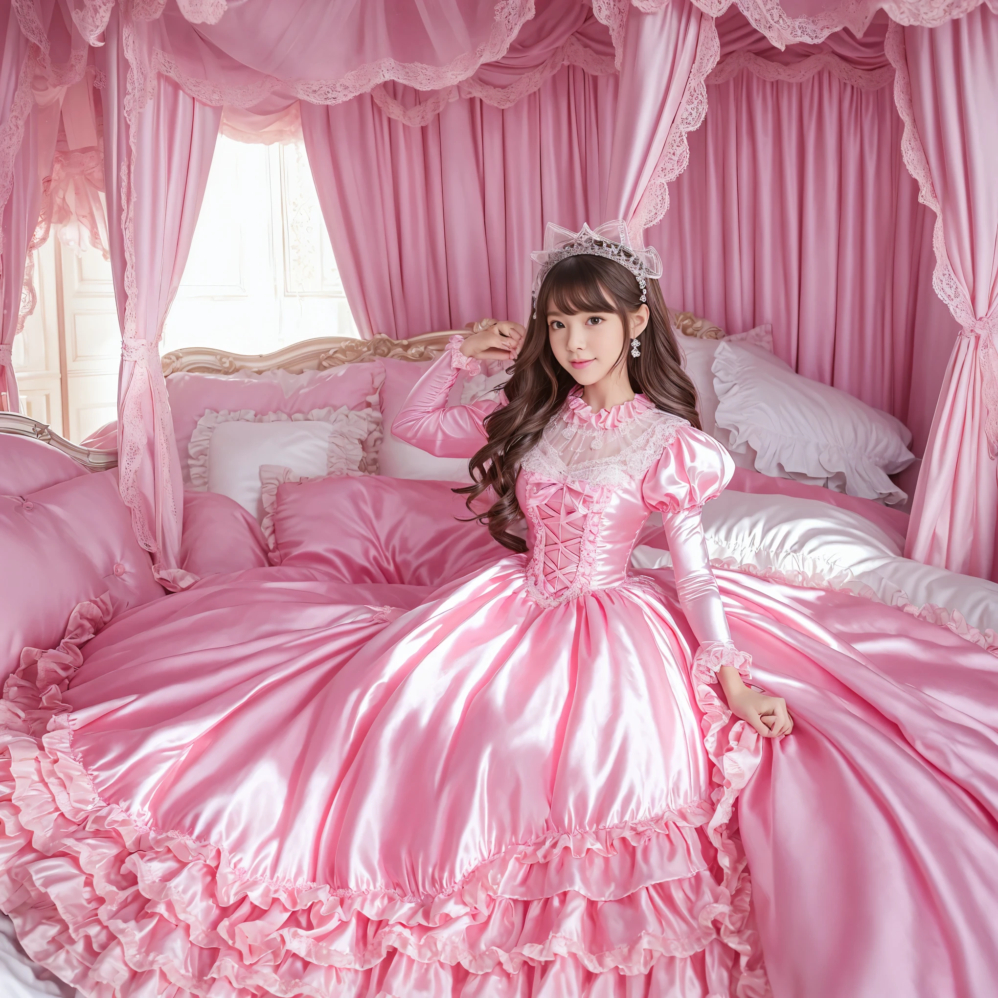 ,highest quality, masterpiece, highest resolution, artwork, super それにget used to it, many get used to it, get used to it, それにget used to it, 3K realistic photos,,((10 year old s)),Super detailed baby face,both are princesses,detailed luxury tiara,Full length ball gown dress with hoop skirt,ruffled yoke collar,Detailed braided ribbon on chest,puff sleeves,long sleeve,((lolita stylt pink princess satin dress、Comes with lots of frills and ribbons。)),crazy'colorful fashion,shiny silk satin dress,soft and smooth silk satin fabric,luxury,Very long blonde hair,blue eyes,white skin european,pajamas,Princess dancing happily,gorgeous flowing dress,fine white frills and lace,Super long hair that is as tall as your body,white long socks,drawers with lots of frills,castle bedroom at night,Super long flowing hair,Behind them is a luxurious king-sized bed with a huge canopy.,Pink pillow with lots of frills,Silk satin pink curtains with luxurious ruffles and ribbons surround the bed,princess sitting on bed,lots of pillows piled up on the bed,(((Both legs are completely hidden inside the dress.))),((((round futon)))),((((A large ruffled futon that covers the entire bed)))),detailed comforter,Detailed bed sheets,bed skirt with ruffles,Deep bed,background with depth,