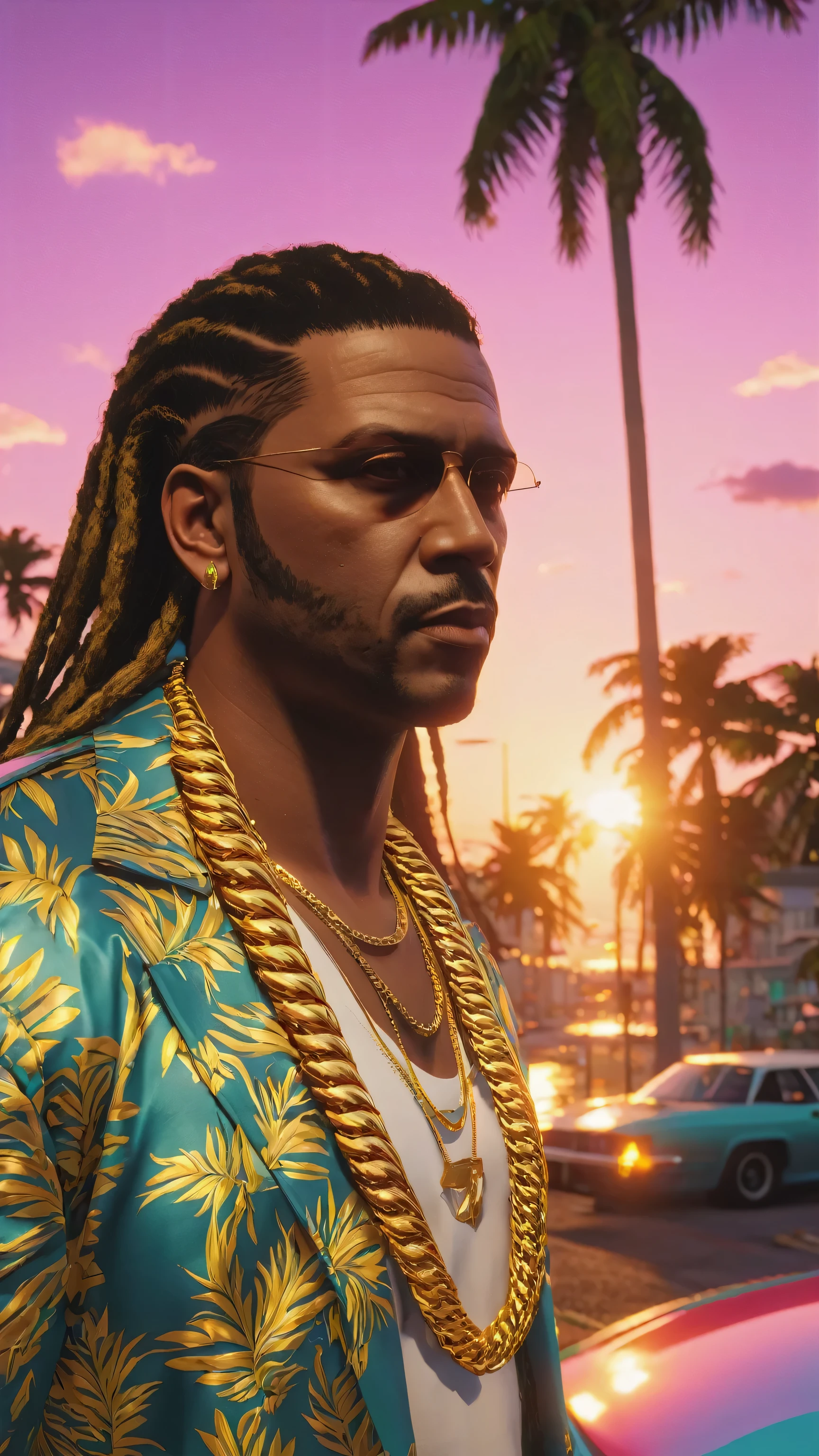  GTA VI,Imagem Por do sol em Miami, vice city, 4K, Ray tracing, Image in game.photo background, gold chain, dreadlocks , unreal engine 5 , GTA screenshot