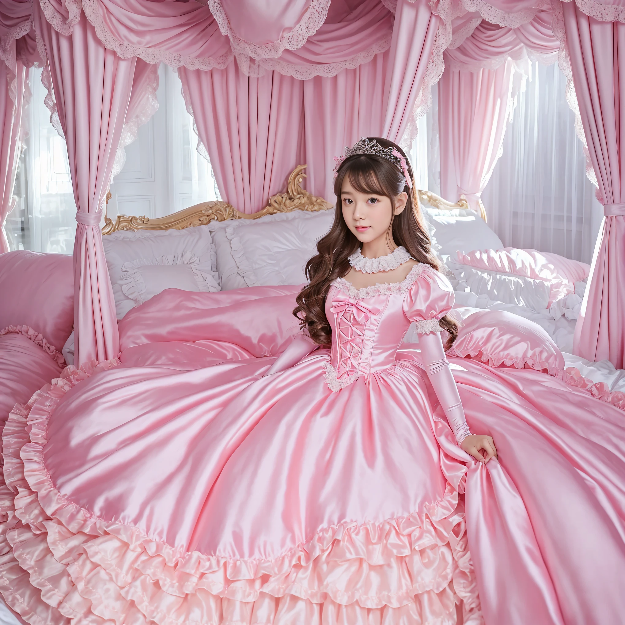 ,highest quality, masterpiece, highest resolution, artwork, super それにget used to it, many get used to it, get used to it, それにget used to it, 3K realistic photos,,(( girls)),Super detailed baby face,both arees,detailed luxury tiara,Full length ball gown dress with hoop skirt,ruffled yoke collar,Detailed braided ribbon on chest,puff sleeves,long sleeve,((lolita style hot pink princess satin dress、Comes with lots of frills and ribbons。)),crazy&#39;colorful fashion,shiny silk satin dress,soft and smooth silk satin fabric,luxury,Very long blonde hair,blue eyes,white skin european,pajamas,Princess dancing happily,gorgeous flowing dress,fine white frills and lace,Super long hair that is as tall as your body,white long socks,drawers with lots of frills,castle bedroom at night,Super long flowing hair,Behind them is a luxurious king-sized bed with a huge canopy.,Pink pillow with lots of frills,Silk satin pink curtains with luxurious ruffles and ribbons surround the bed,princess sitting on bed,lots of pillows piled up on the bed,(((Both legs are completely hidden inside the dress.))),((((round futon)))),((((A large ruffled futon that covers the entire bed)))),detailed comforter,Detailed bed sheets,bed skirt with ruffles,Deep bed,background with depth,