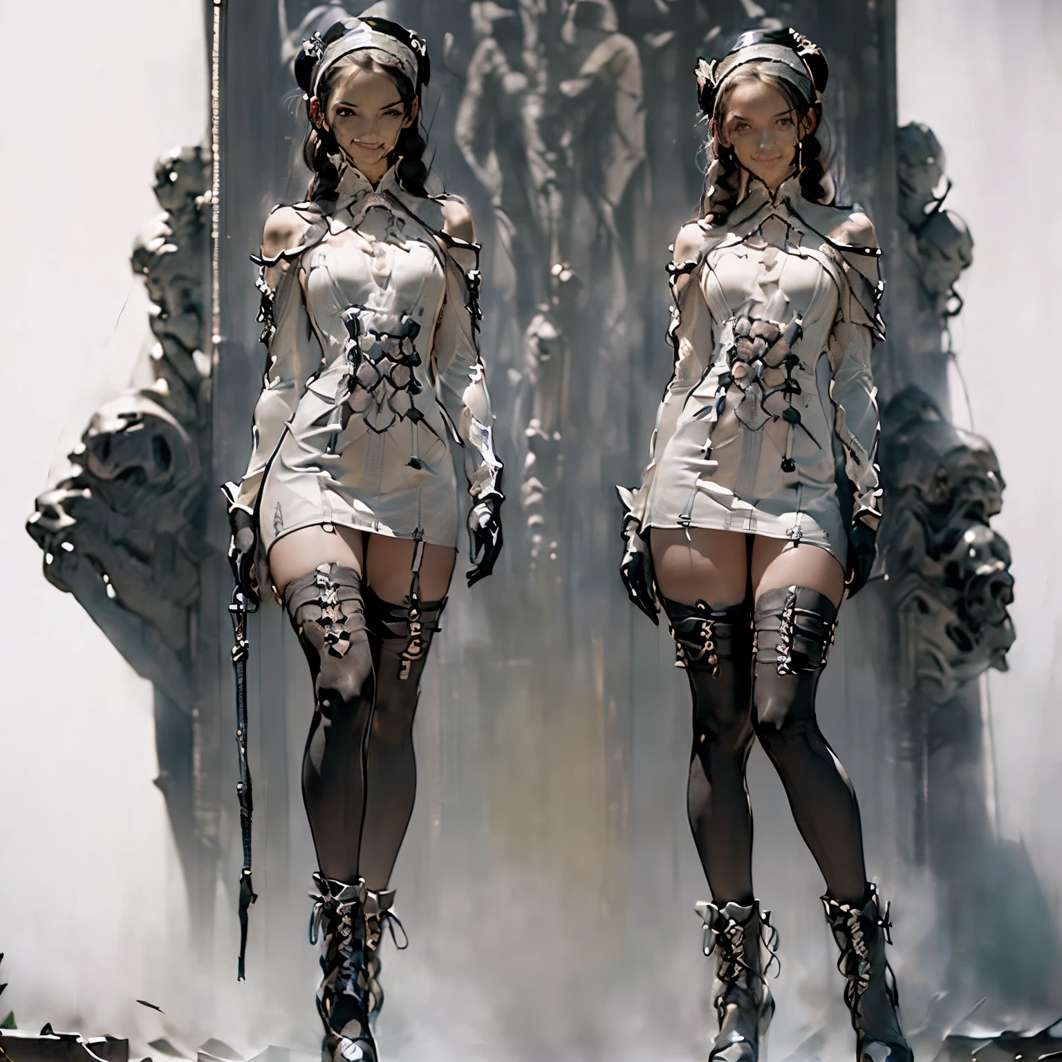 (((Create one girl +), (smoke, fire), (fantastic scene), (dramatic, lighting)))_(((Lipetite, chibiull height), (thin graceful body, in full height - standing, firing from a powerful modern weapon), (beautiful figure, half a turn)_(16+ years)))_(((ry beautiful girl, small peach breasts, graceful figure, narrow waist, smooth hips )), ((long double braids), (tight braids), (braided hair), (long hime haircut), (dark hair, black hair)))_((Scarlet lips)), ((smile)))_ (((Shiny skin:1.5, white skin, light skin: 1.5, shiny body)))_(((Detailed face)), ((sexy), (erotic), (cute, kawaii), (nsfw))) _(((Bare shoulders, black lace dress)), ((black chiffon dress, very short dress))_(((tight-fitting), (black), (transparent lace dress)), ((stands almost completely naked , with a small amount of clothing)), ((tiny thongs)), (arms in elbow pads, palms wearing tactical gloves), (bare thighs, thong, bare stomach, minimal clothing), (legs in combat knee pads, thigh-high stockings - sexy)), ((massive leather lace-up boots)), ((looks seductively at the viewer, embarrassed smile, shy, sexy, erotic)))_(((Dark background, realistic painting, digital painting, high quality)) _((Background, fantastic ship lock),(films; Lucas Arts, R.S. Giger "Alien", Giger's monsters)), (stunning scene in a spaceship)), ((alien flowers, skulls)), ((decorative dark background)),((stunning white alien lilies),(extremely unusual)),((spaceship-water, skulls)),((white lilies-large stems)))_(((Bright colors, cold soft shadows), (warm contrasting light, bright theme)),((high contrast, photorealistic graphics:1.37)),((digital painting, oil painting, wide wet brushstroke)),((best quality,4k, high resolution,masterpiece:1.2)),((ultra detail),(realistic, photorealistic, photorealistic: 1.37 )), ((painting-professional execution)))_(((Cinematic, digital painting),(soft clear forms, wide strokes, attention to detail),(clear elegant line, color shading)))_(((High quality, 16K | Ultra HD | Full HD))).