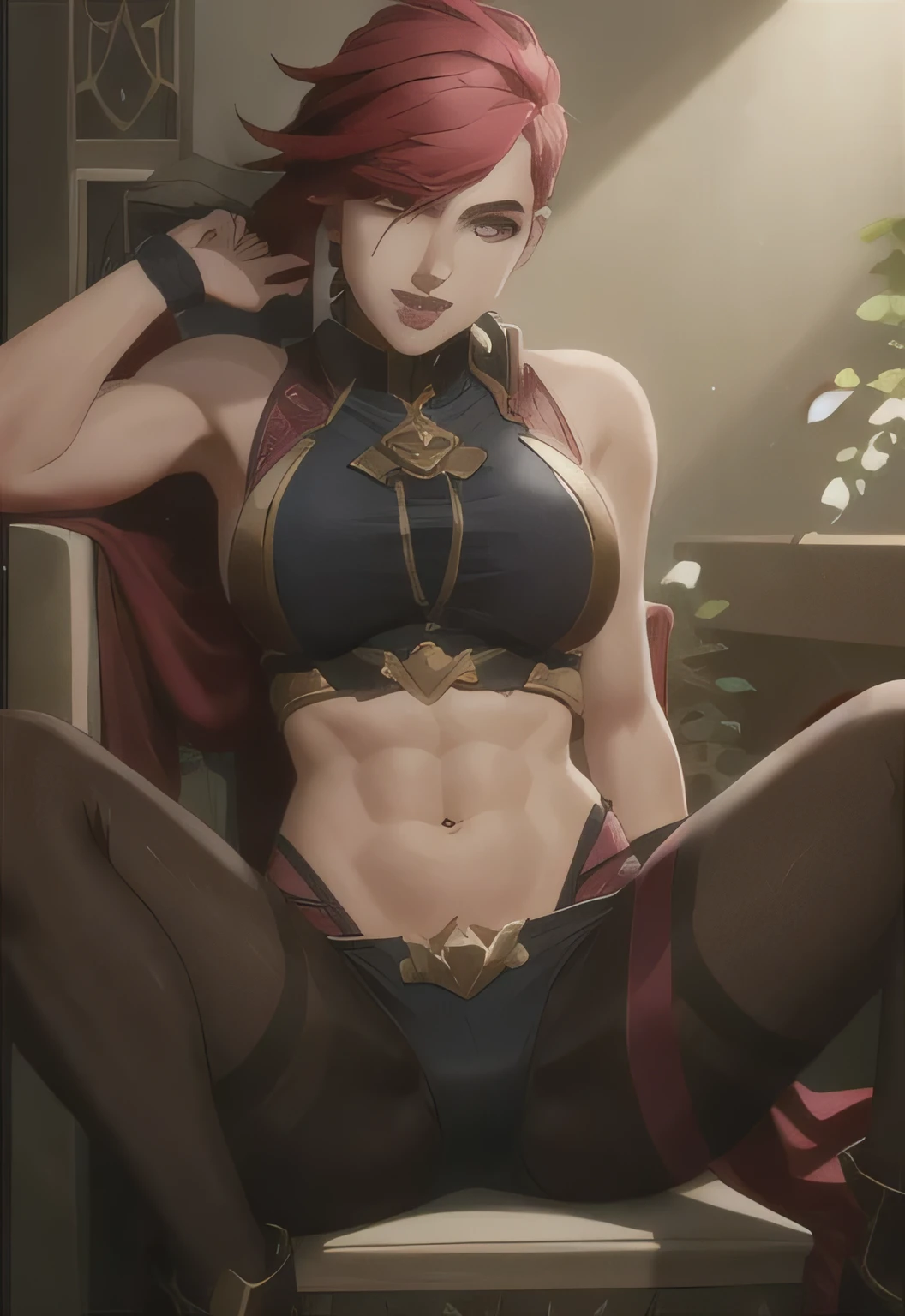 vi \(League of Legends\), estilo arcano, abdomen,1 garota, virando os olhos, tongue out, babando muito,  muita saliva, tronco, suor, corar, roupa rasgada, Knee position, sensual, peitos livre, free abdomen, muscular abdomen, sensual, bico do peito grande , hand on head, sensualizando 