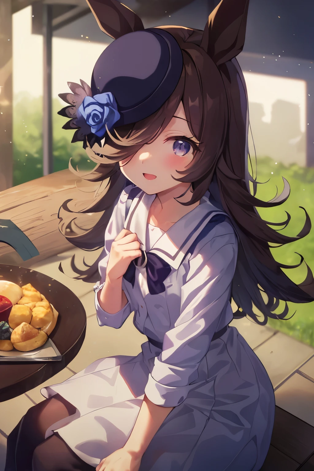 (table top.highest quality).(dynamic angle). (CG painting with very impressive details),(perfect image)、comic strip.shape.1 girl.detailed face、perfect face.delicate face、girl wearing a delicate uniform、rough skin、black hair.length、(Umamimi Girl)Umamimi Girl、((beautiful blue eyes)).delicate and beautiful eyes、fine eyes、reflected eyes、smile.(look at the audience:1.3).(face is a little red:0.8)、8k wallpaper、cowboy shot、reflected light、most detailed、Complex、The delicate background is outdoors、Girl sitting on a bench、rough skin、fine skin、(super resolution)、wearing a uniform