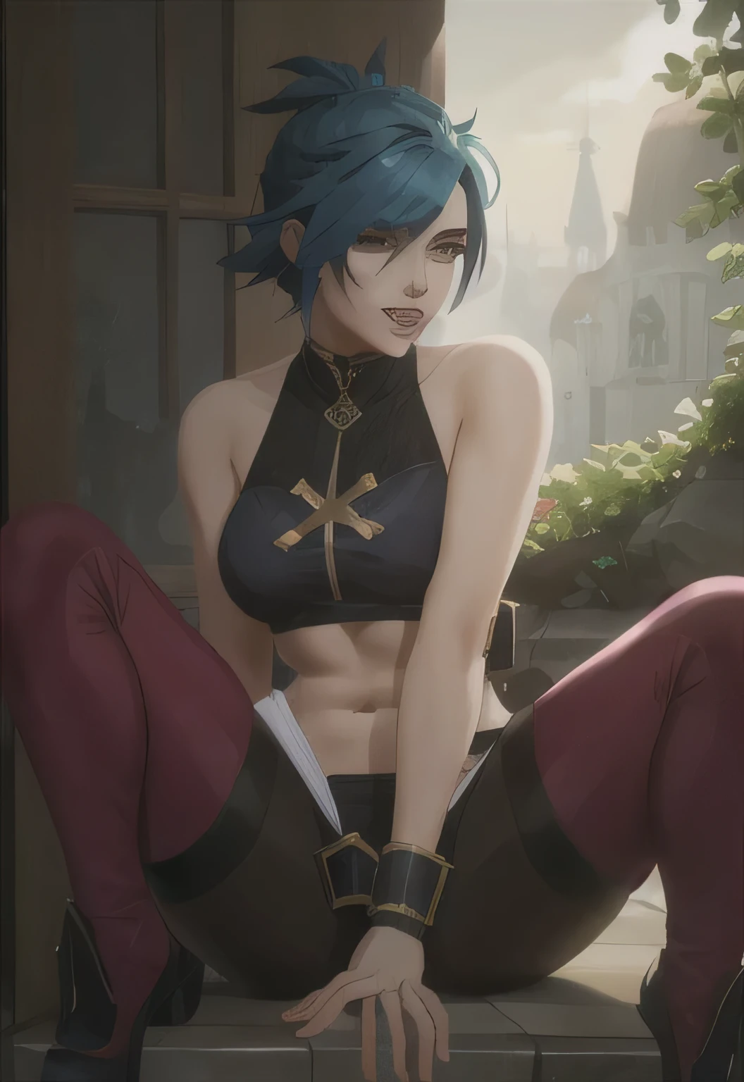 vi \(League of Legends\), estilo arcano, abdomen,1 garota, virando os olhos, tongue out, babando muito, muita saliva, tronco, suor, corar, roupa rasgada, Knee position, sensual, peitos livre, free abdomen, muscular abdomen, sensual, bico do peito grande