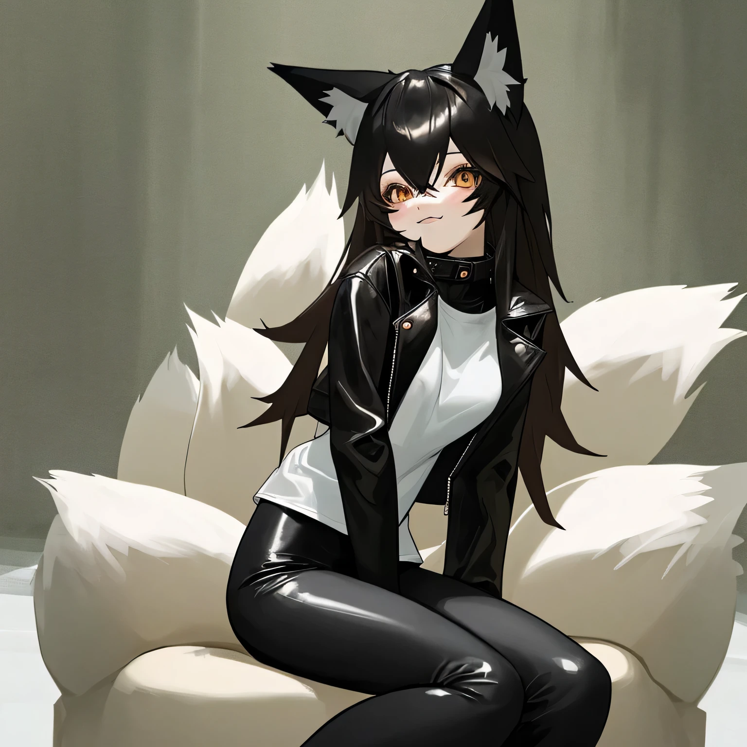 Anime girl, fox ears, fox sitting by her, black leather leggings, black leather jacket, white shirt, cute uwu face, sitting