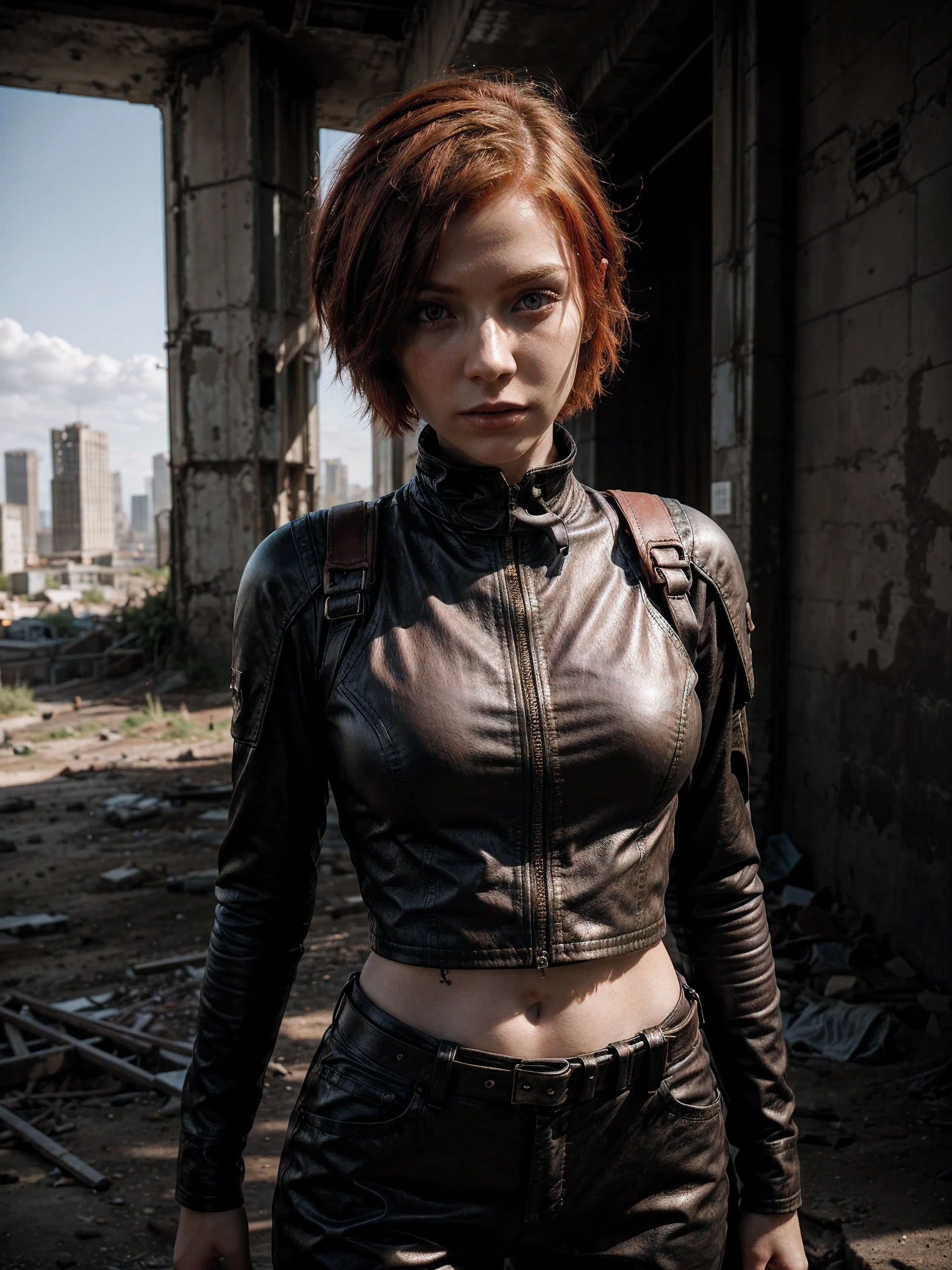 a mid portrait photo of 30 y.o woman in wastelander clothes, red hair, short haircut, pale skin, slim body, the background is city ruins, clean face, wearing a leather outfit, realistic textured eyes, (high detailed skin:1.2),8k uhd, dslr, soft lighting, high quality