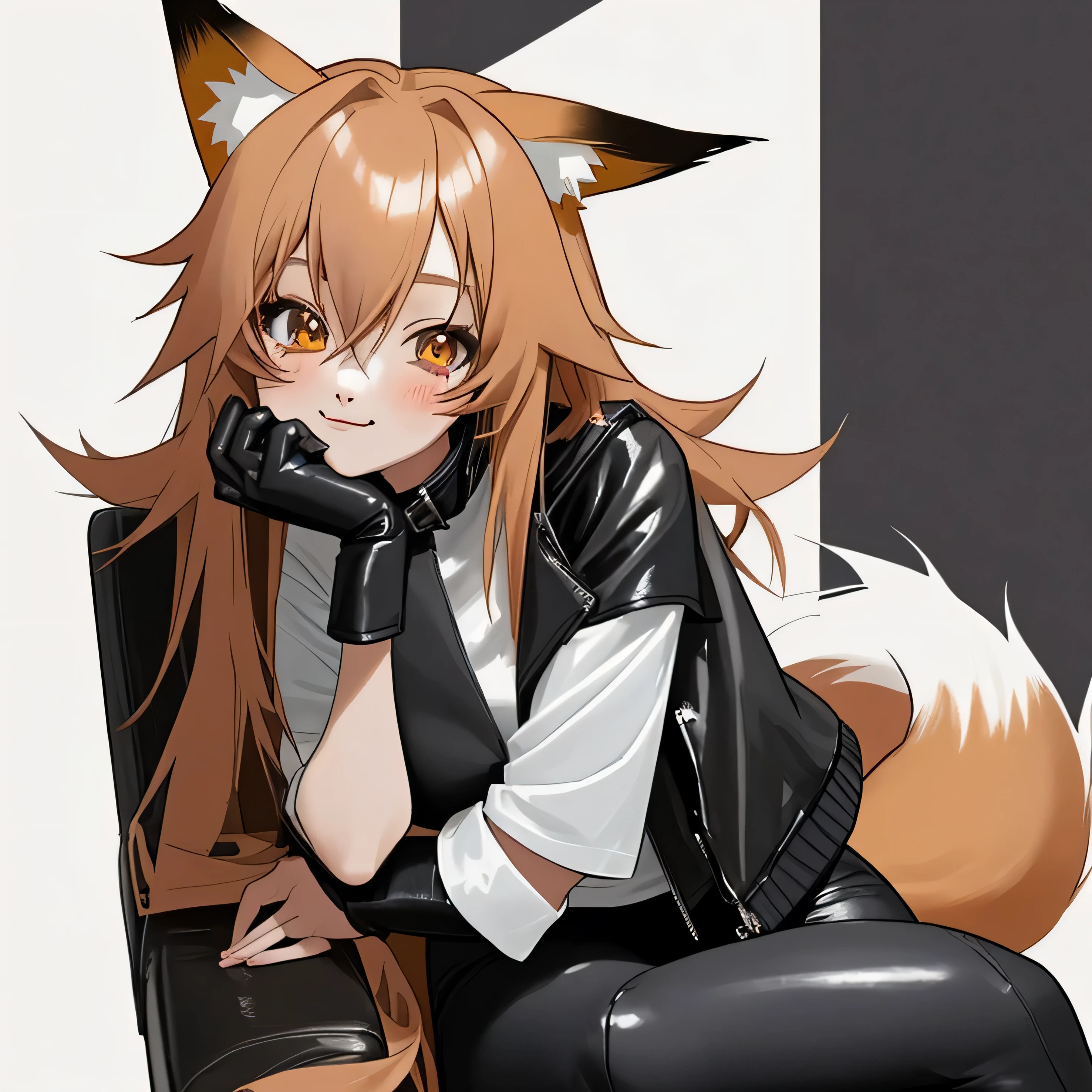 Anime girl, fox ears, fox sitting by her, black leather leggings, black leather jacket, white shirt, cute uwu face, sitting