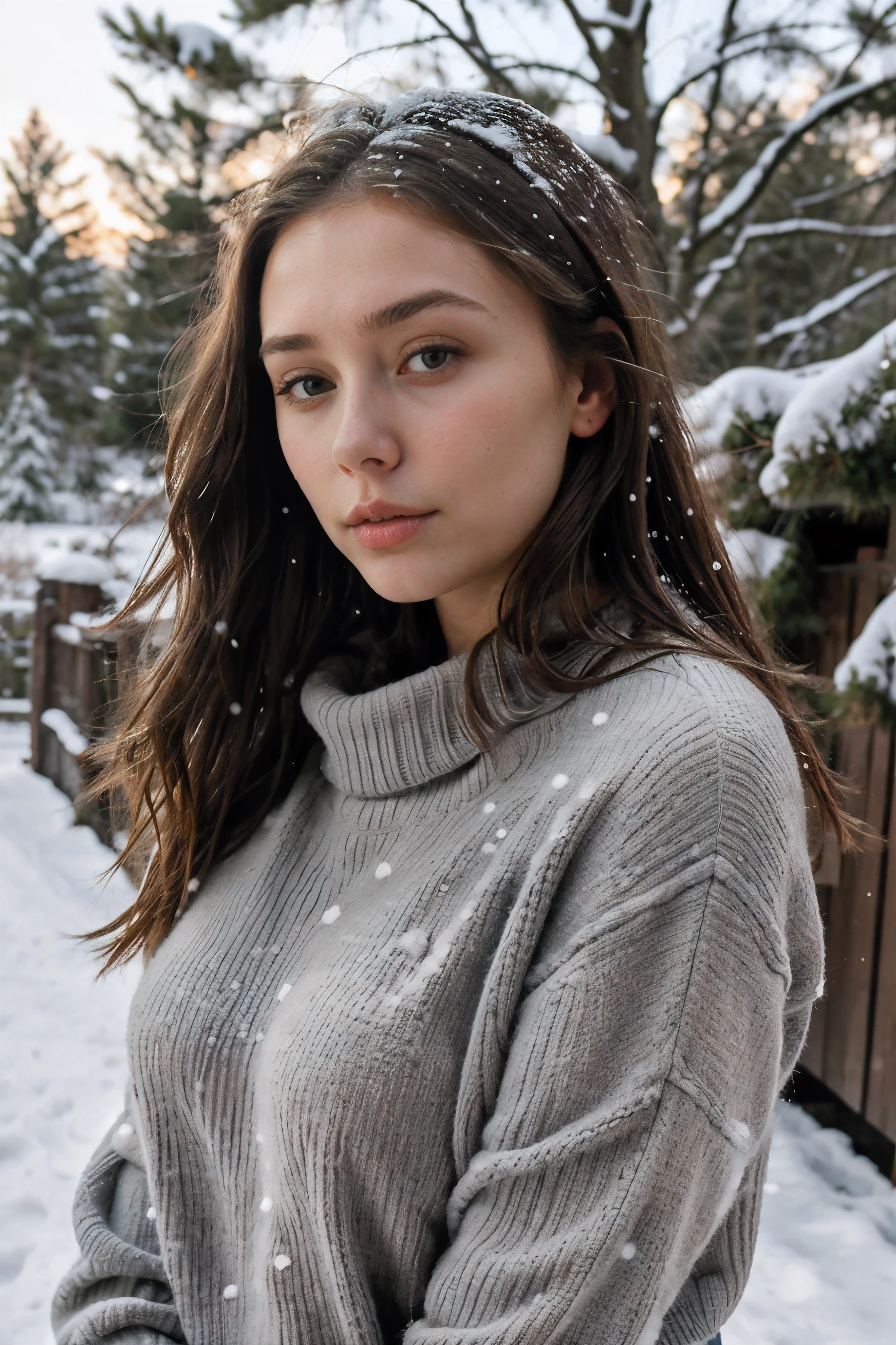 there is a woman in a grey sweater, portrait sophie mudd, , thick neck, 24 year old female model, angelawhite, Elizabeth Olsen, 22 years old, she is wearing a grey sweater, 21 years old, profile image, italian, Alycia Debnam-Carey, looking straight ahead,hazel eyes, realistic, post-processing, maximum detail, outside, snow on the ground, pine trees in the background