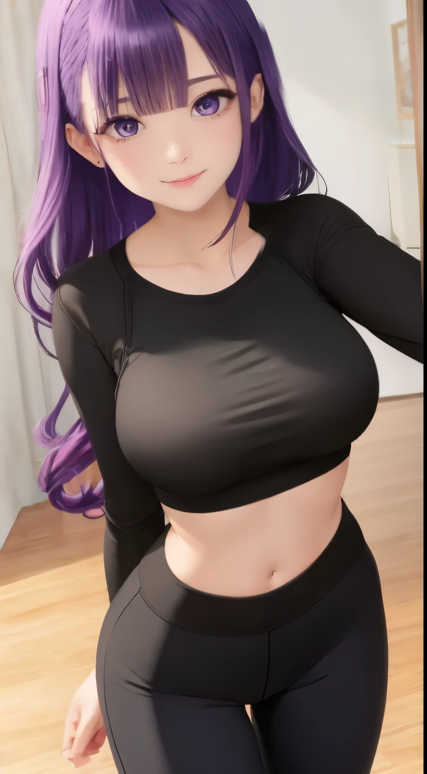 big eyes, small breasts, beautiful, (masterpiece:1.2), (best quality:1.2), (perfect eyes:1.1), (perfect face:1.1), smiling, perfect lighting, yoga pants, sports bra, purple hair, hairclip, arms behind back, mature female, large breasts, slight light smile,
