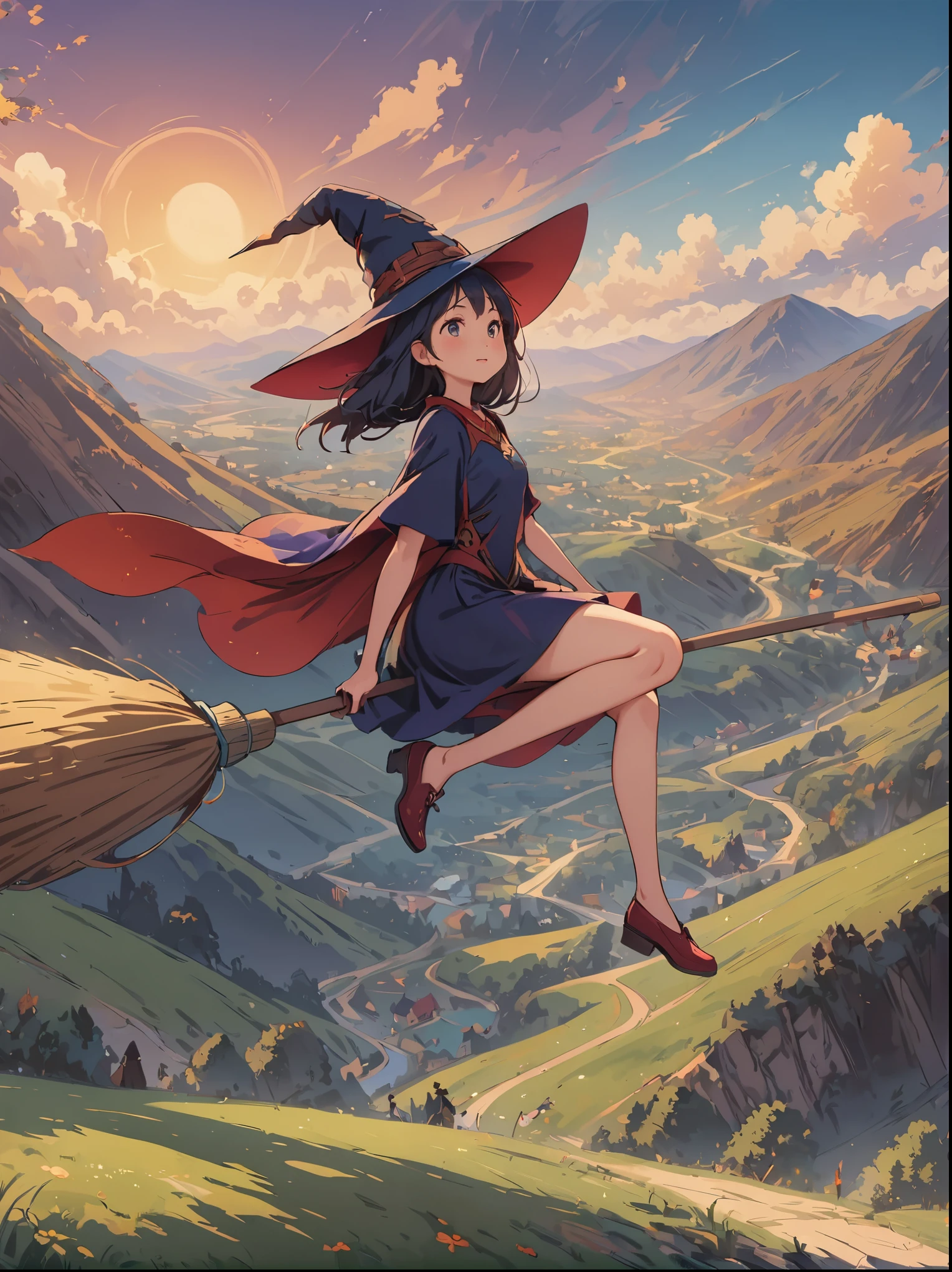 1 girl,kiki,witchの宅急便,perfect face,cute, ((((flying witch))),((Ride a broom)),broom flight,Straddling the broom,anatomically correct,(masterpiece, highest quality:1.2),masterpiece,highest quality,最高masterpiece,8K,,Wind,fantasy,,wonderful,, Mysterious, Charm, Whimsical, playful, adventurous, free, wonder, imagine, decide, skill, speed, movement, energy, realism, naturalistic, figurative, represent, beauty, fantasy culture, myth, fairy tale, folklore, Legend, witch, wizard, Magical creatures, fantasy worlds, composition, scale, Zenikichi, midway point, background, perspective, light, color, texture, become familiar with, beauty, wonder.