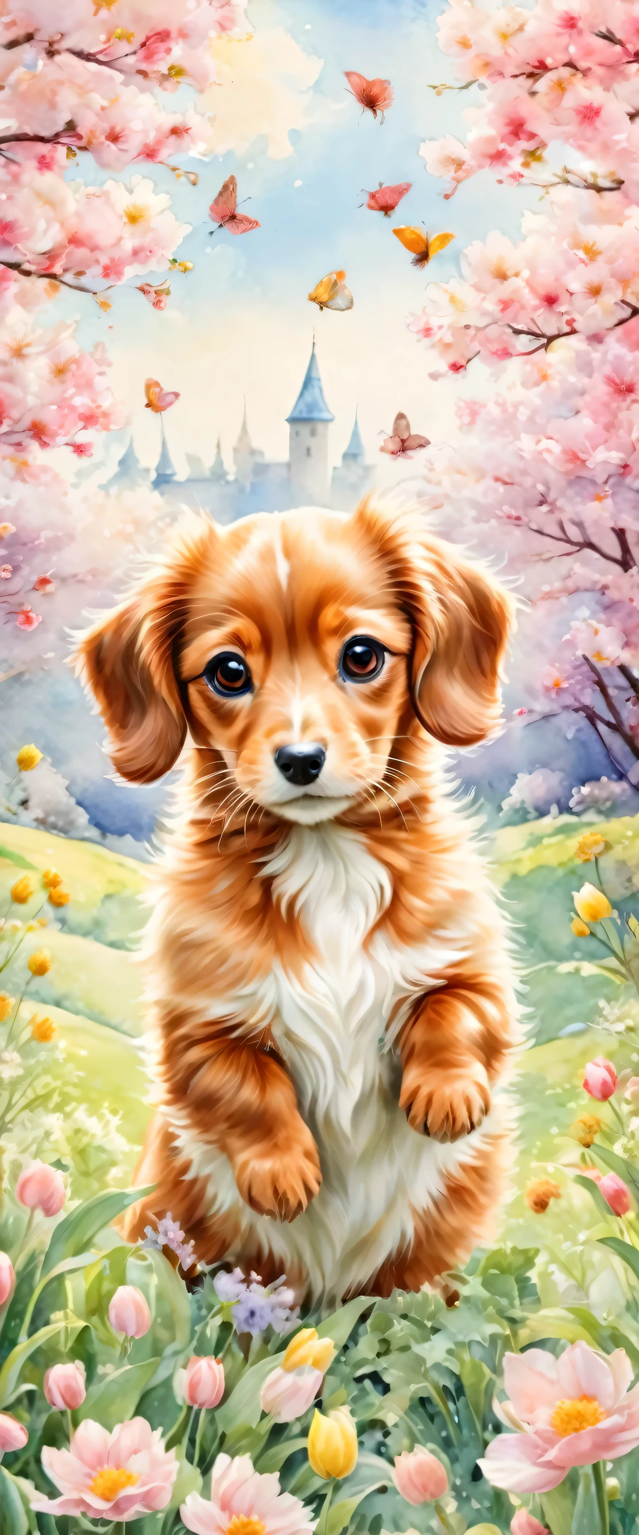 ((Miniature dachshund enjoying spring)Spring flower,cherry blossoms,tulip,Margaret,dandelion,masterpiece,highest quality,fluffy cat,a bit,cute,Futebuteshi,fun,happiness,,Stylish scenery,anatomically correct,all the best,最高にcute茶色のミニチュアダックスフンド、fantasy,randolph caldecott style,enlightenment,watercolor painting,gentle color