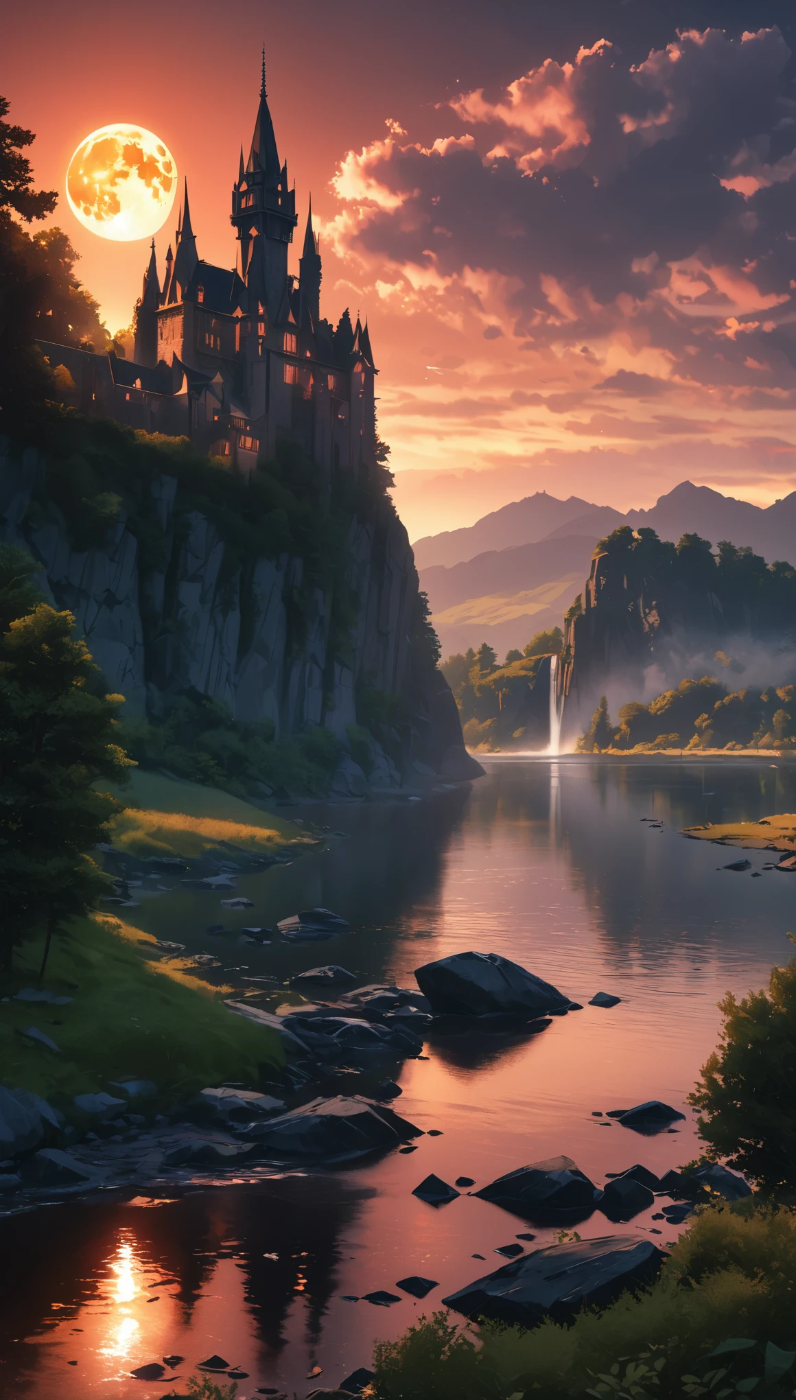masterpiece, best quality, high quality, Extremely detailed CG Unity 8K wallpaper, landscapes, perfect reflection, stunning water surfaces. outdoor, Sky, cloud, dusk, no humans, castle, Gothic, Mountain, landscape, water, trees, blood moon, waterfall, cliff, nature, lake, river, cloudy Sky, Detail enhancement, Detail enhancement, no defects. Award-winning photography, Bokeh, depth of field, high dynamic range, bloom, Color difference, photorealism, Very detailed, complex, high detail, dramatic, Castlevania,