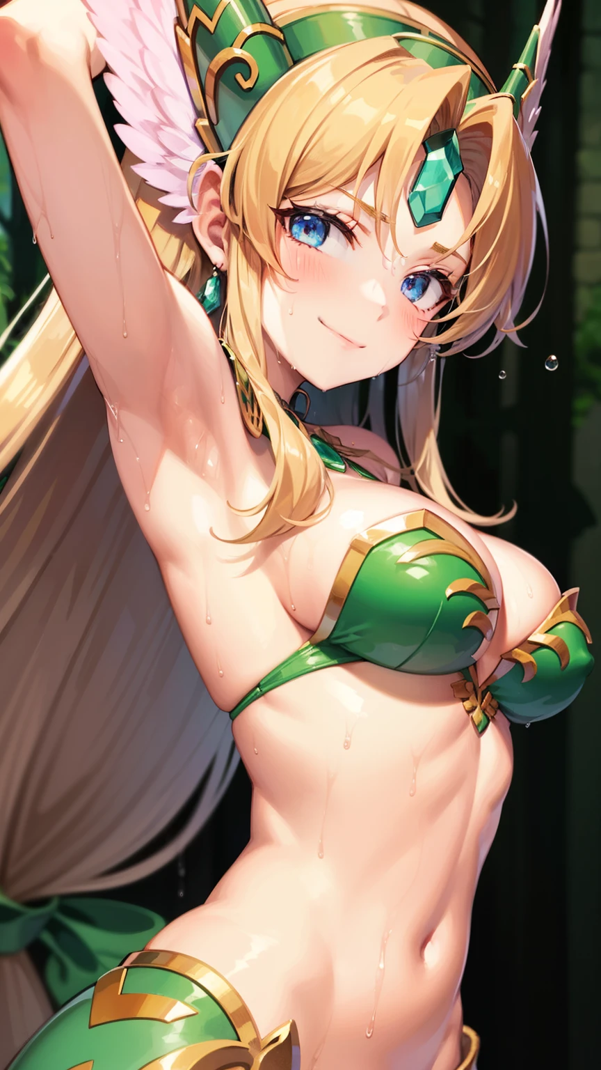 1girl,riesz,green shoulder armour, sweating,blush,smirk,cleavage,wet body, flipped hair,armpit,greasy armpit,smooth armpit,in forest,sideboobs,side waist