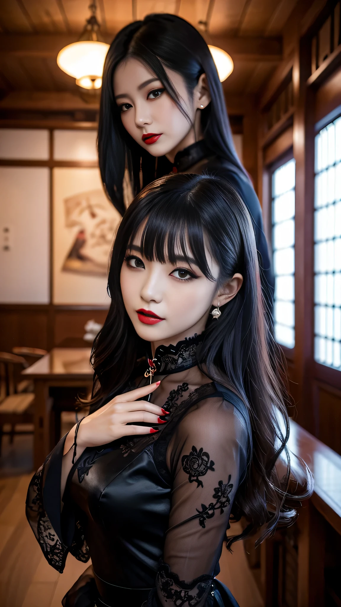 detailed、Japanese、charming beauty、seductive adult woman、Beautiful woman、sharp eyes、cool girl、wavy hair、flowing bangs、long black cheongsam、wide sleeve、evilの幹部、evil depravity、brainwashing、Mind control、lipstick、lip gloss、grin、evilな表情、evil、empty eyes、evil、church at night、vampire、Succubus、vampire、makeup brush