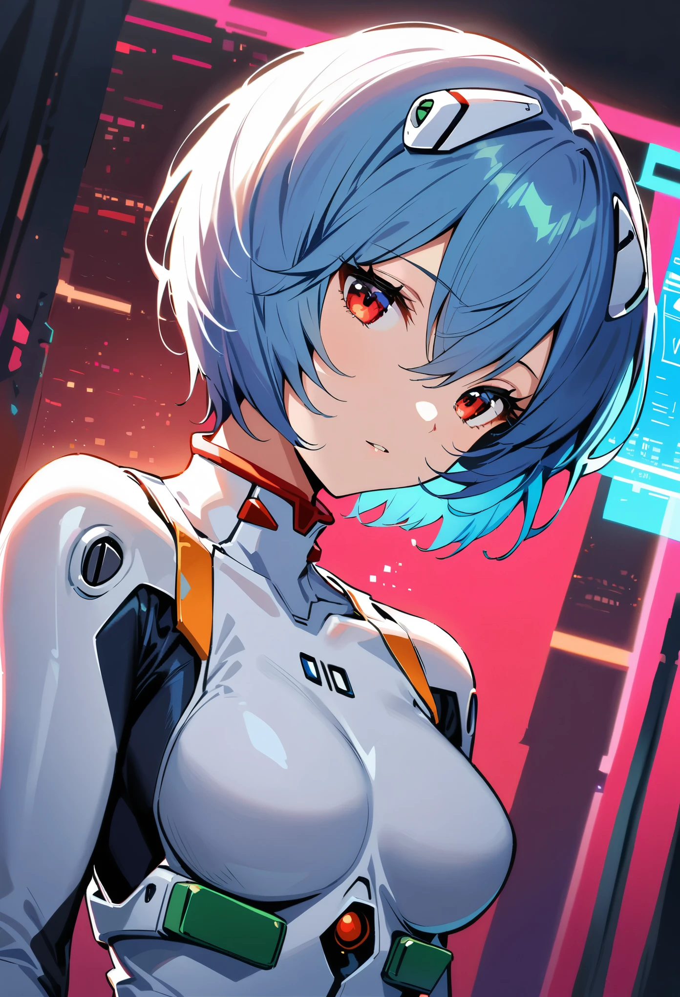 (best quality:1.2),1girl,solo,Ayanami Rei,white bodysuit,red eyes,pilot suit,short hair,blue hair,bangs,interface headset,turtleneck,hair between eyes,pixelated background,neon lights,sci-fi color scheme,vivid colors,metallic texture,detailed shading,holographic interface,dark atmosphere,high contrast,sharp focus,wisps of hair,reflective surface,exquisite details,high-res,studio lighting,red accents,illuminated surroundings,artificial intelligence assistant
