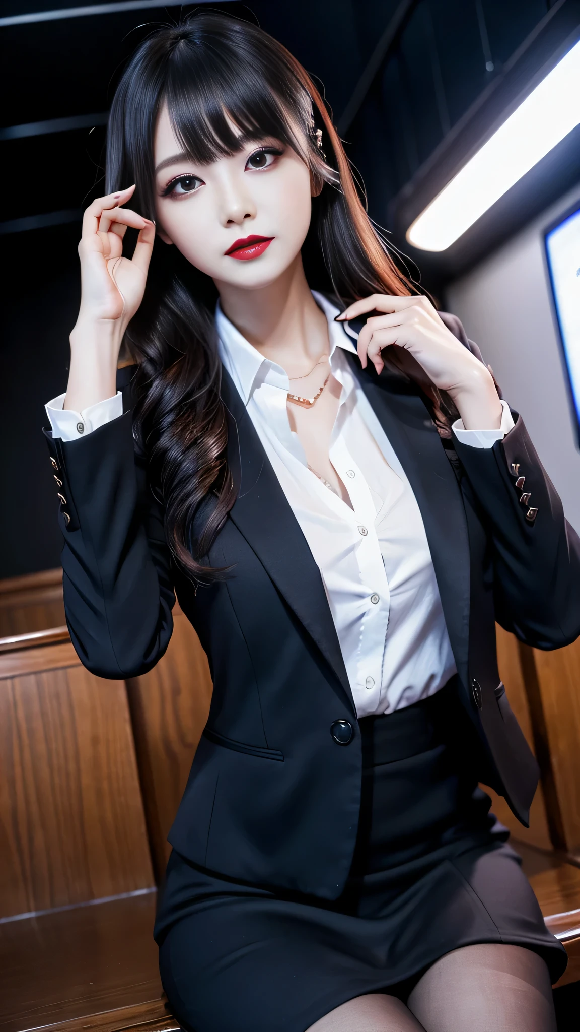 Super detailed、Japanese、charming beauty、seductive adult woman、Beautiful woman、sharp eyes、cool girl、wavy hair、flowing bangs、suit、Jacket、blouse、Tight Skirt、pantyhose、beautiful feet、evilの幹部、evil depravity、brainwashing、Mind control、lipstick、grin、evilな表情、evil、empty eyes、evil、church at night、vampire、Succubus、vampire、Possessed and turned black、makeup brush