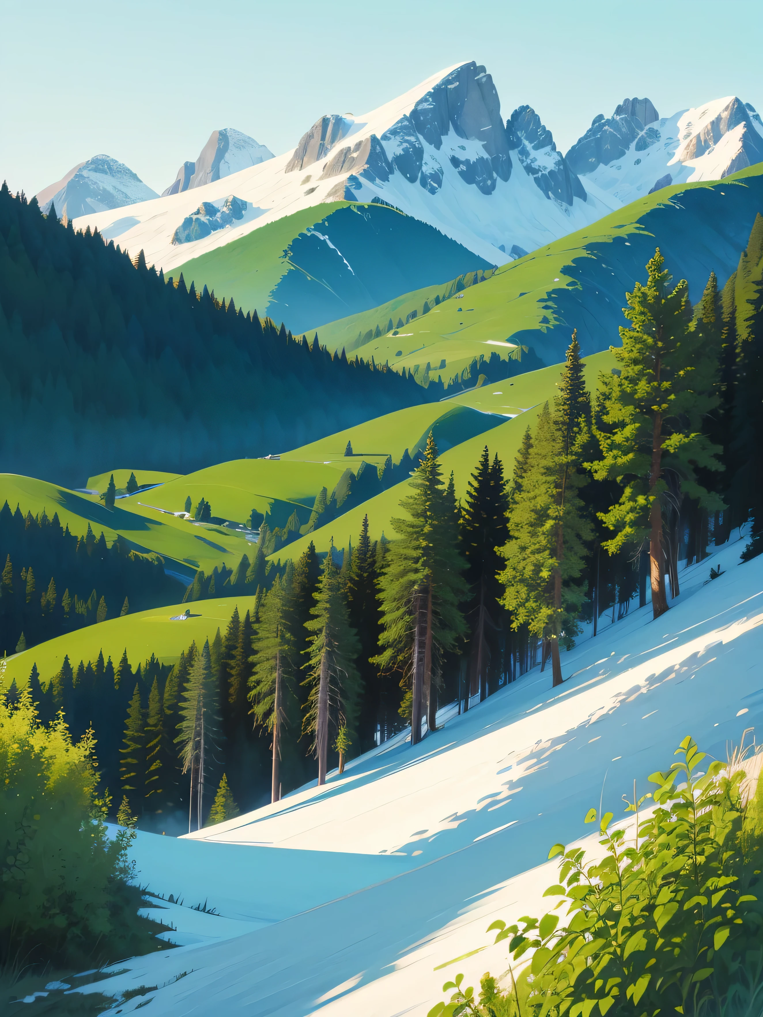 Samivel vector drawing, Retro poster, vector poster, green mountains, British Columbia landscape, evergreen trees, Inspired by Samivel. pastel colors, soft colors, muted colors, no people, no figures, high quality, very detailed, landscape, wide angle