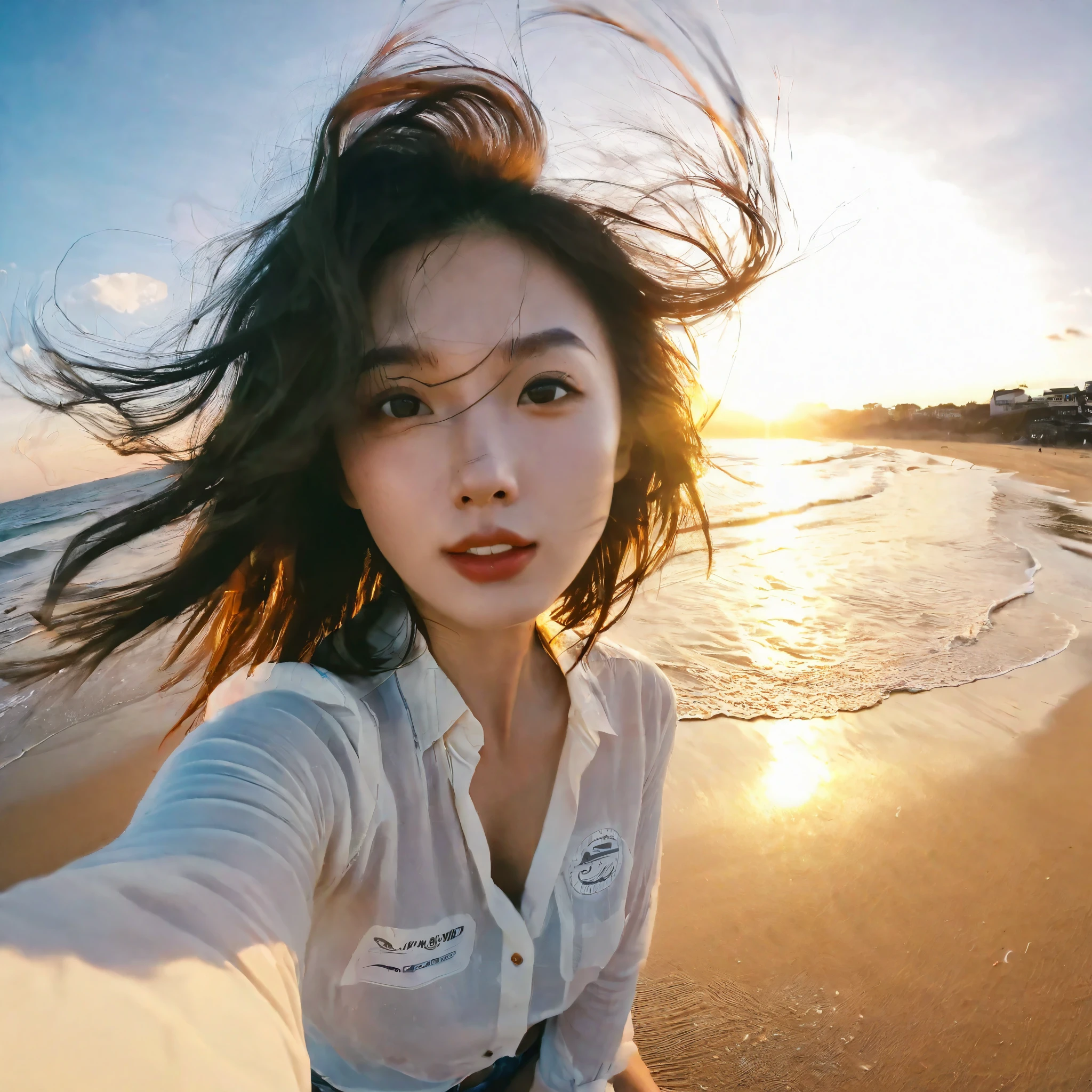 a woman takes a fisheye selfie on a beach at sunset, the wind blowing through her messy hair. The sea stretches out behind her, creating a stunning aesthetic and atmosphere with a rating of 1.2.