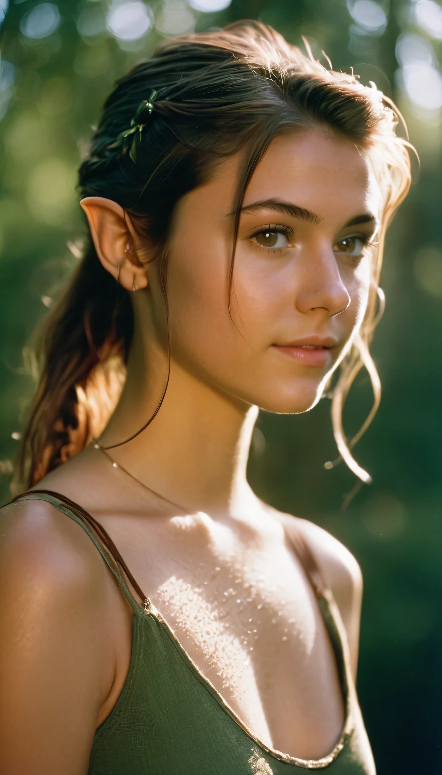 analog film photo, photo of a young girl, 18 years-old, (damp tank top:1.1), elf, elf ears, long pointy ear tips, brown eyes, loose ponytail, light-brown sun-tanned skin, pretty, natural beauty, resembles a young Mary Elizabeth Winstead, humid day, elven forest, sweaty skin, wet clothes, RAW Photograph, dslr, soft lighting, high quality, film grain, Fujifilm XT3, detailed skin with visible pores, insane details, masterpiece, 8k, 35mm photograph, dslr, kodachrome, faded film, desaturated, 35mm photo, grainy, vintage, Kodachrome, Lomography, stained, highly detailed, found footage, full-body, elven ears