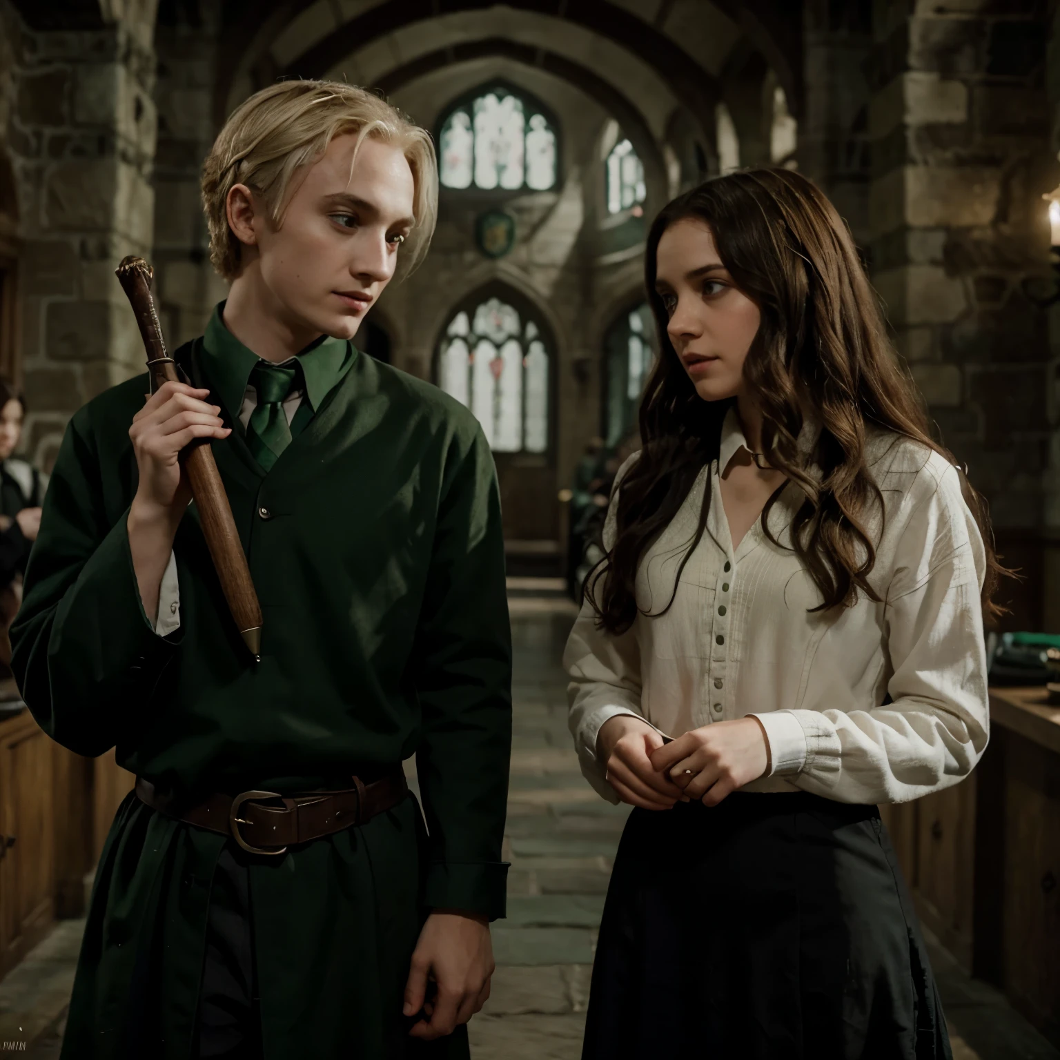 A Slytherin girl and boy, a brunette girl with curly hair, and Draco Malfoy 