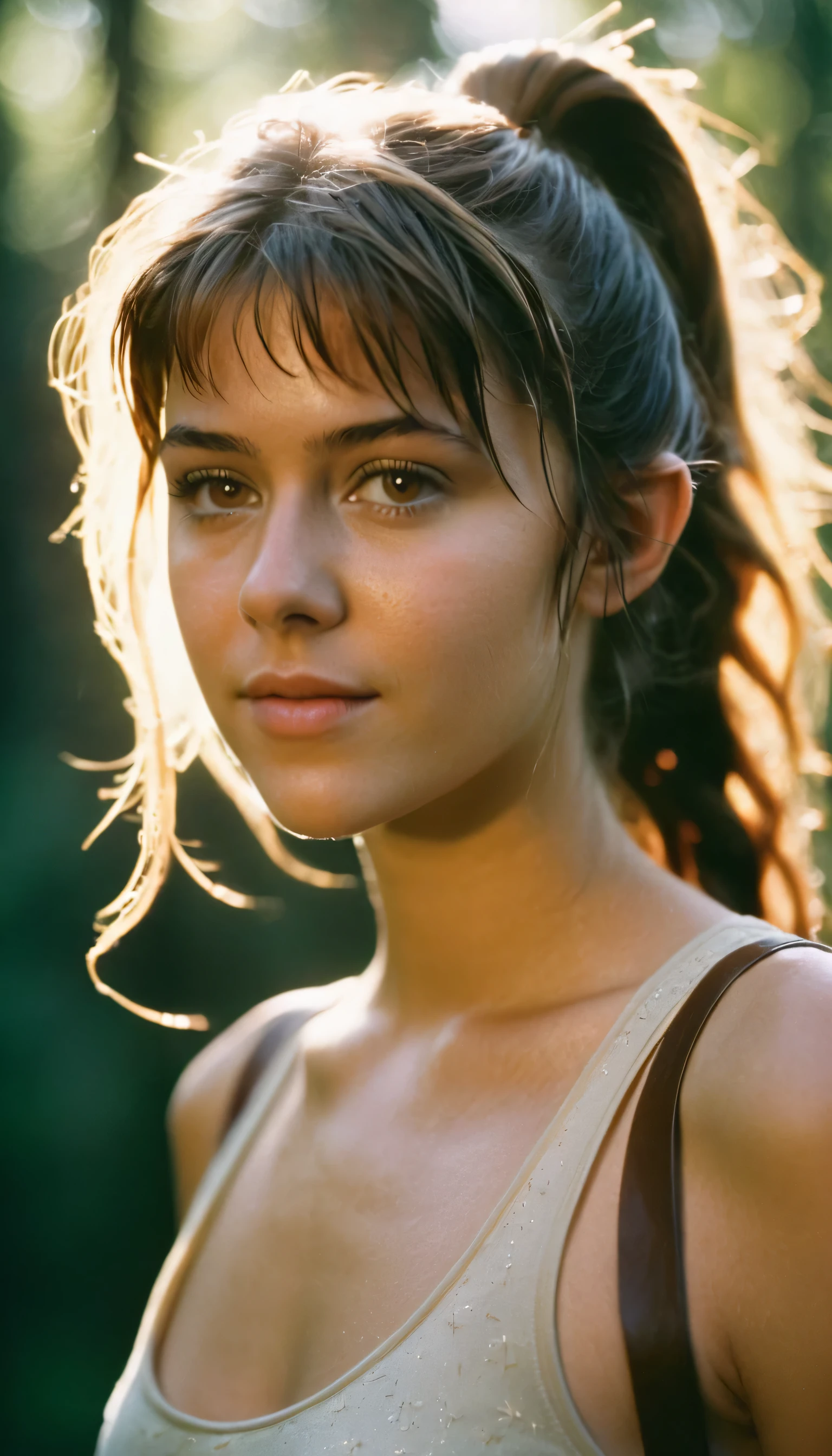 analog film photo, photo of a young girl, 18 years-old, (damp tank top:1.1), elf, elf ears, long pointy ear tips, brown eyes, messy ponytail, light-brown sun-tanned skin, pretty, natural beauty, resembles a young Mary Elizabeth Winstead, humid day, elven forest, sweaty skin, wet clothes, RAW Photograph, dslr, soft lighting, high quality, film grain, Fujifilm XT3, detailed skin with visible pores, insane details, masterpiece, 8k, 35mm photograph, dslr, kodachrome, faded film, desaturated, 35mm photo, grainy, vintage, Kodachrome, Lomography, stained, highly detailed, found footage, full-body, elven ears