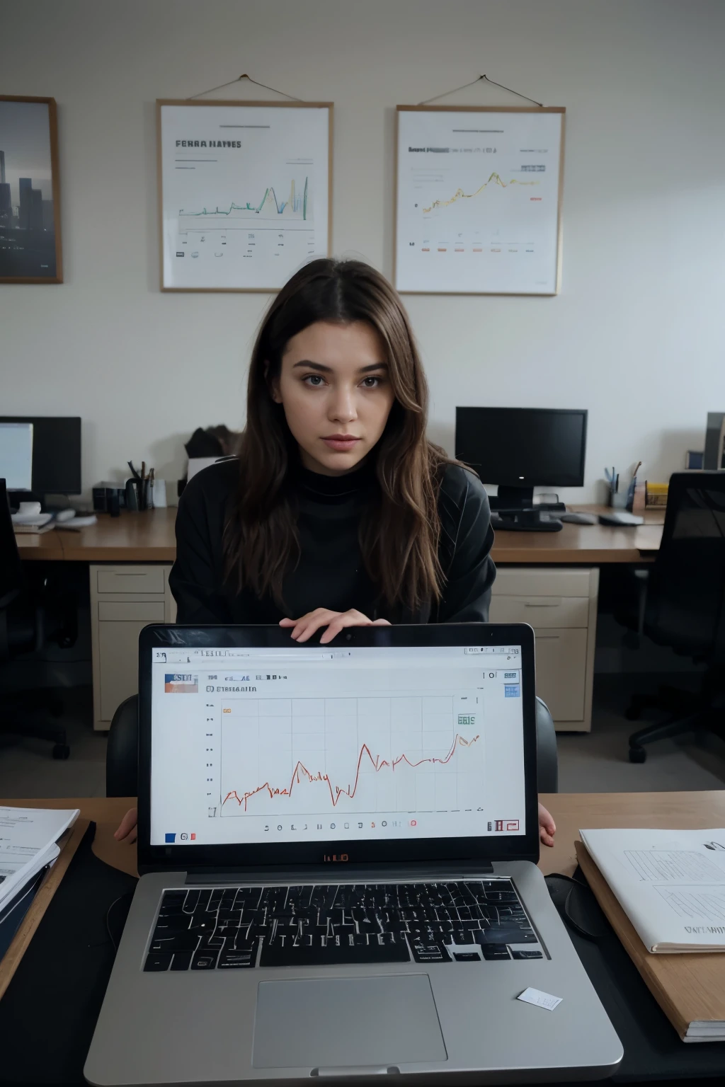 "A scene of a modern office, with an elegant desk, leather chair, open laptop displaying financial charts, panoramic windows showing the urban landscape, and a professionally dressed person analyzing data on the laptop with a focused expression."