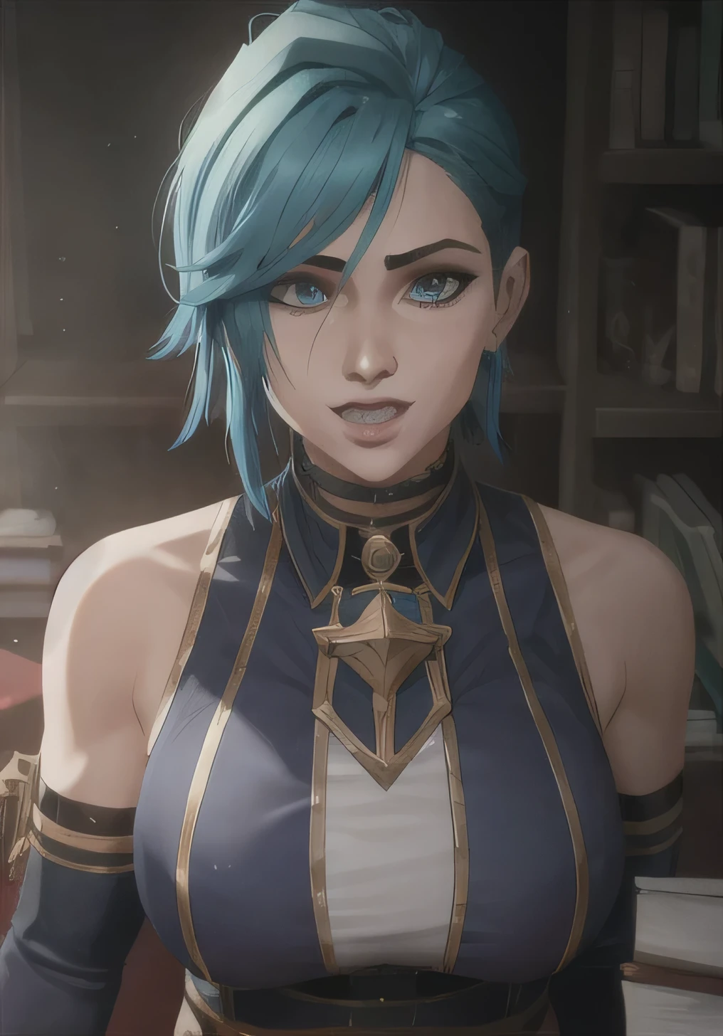 vi \(League of Legends\), estilo arcano, muscular abdomen,1 garota, virando os olhos, tongue out, babando, saliva, suor, corar, corpo inteiro, seios livre, cabelo vermelho, cabelo livre, sem roupa, calcinha reveladora, sem capuz