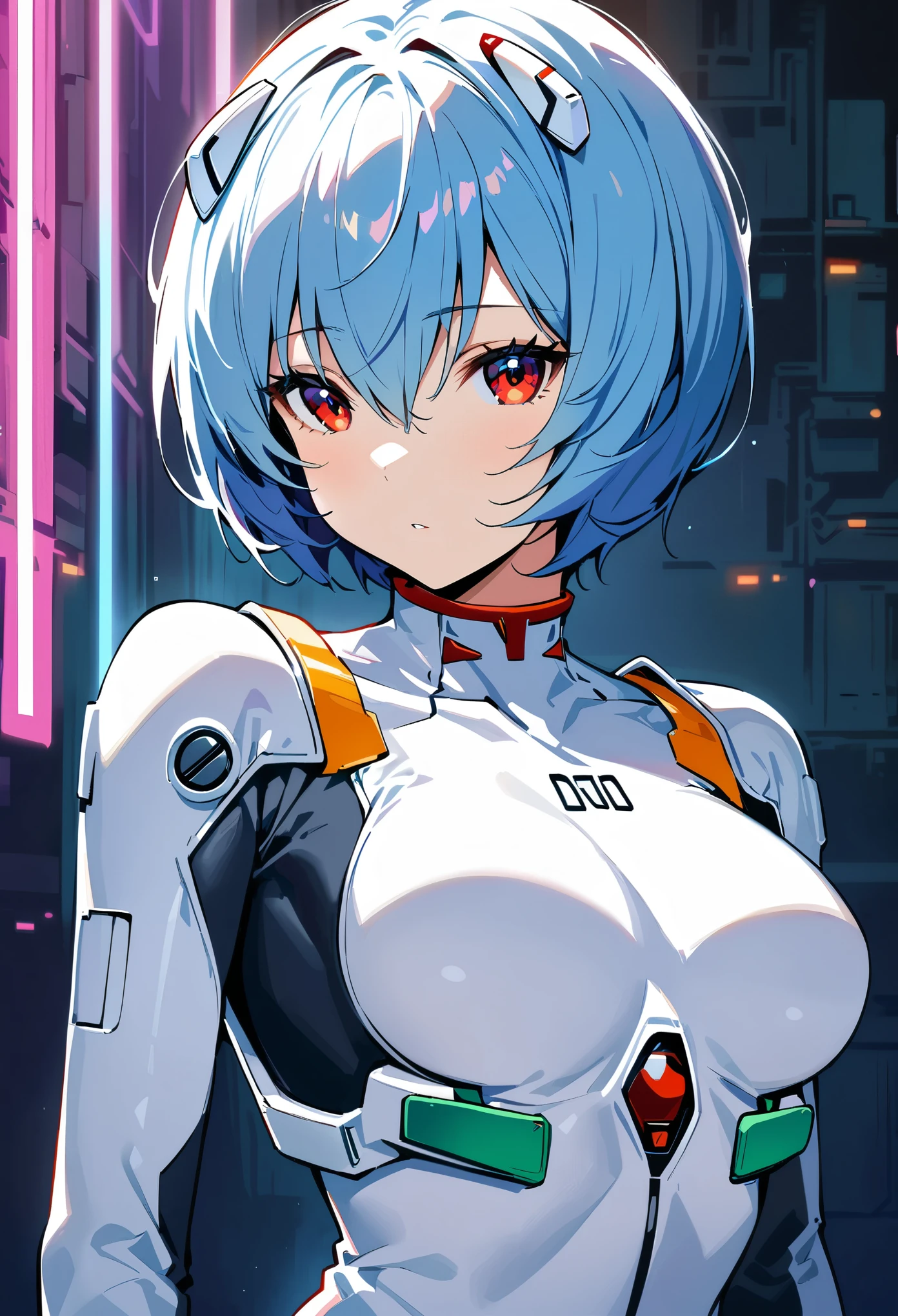 (best quality:1.2),1girl,solo,Ayanami Rei,white bodysuit,red eyes,pilot suit,short hair,blue hair,bangs,interface headset,turtleneck,hair between eyes,pixelated background,neon lights,sci-fi color scheme,vivid colors,metallic texture,detailed shading,holographic interface,dark atmosphere,high contrast,sharp focus,wisps of hair,reflective surface,exquisite details,high-res,studio lighting,red accents,illuminated surroundings,artificial intelligence assistant
