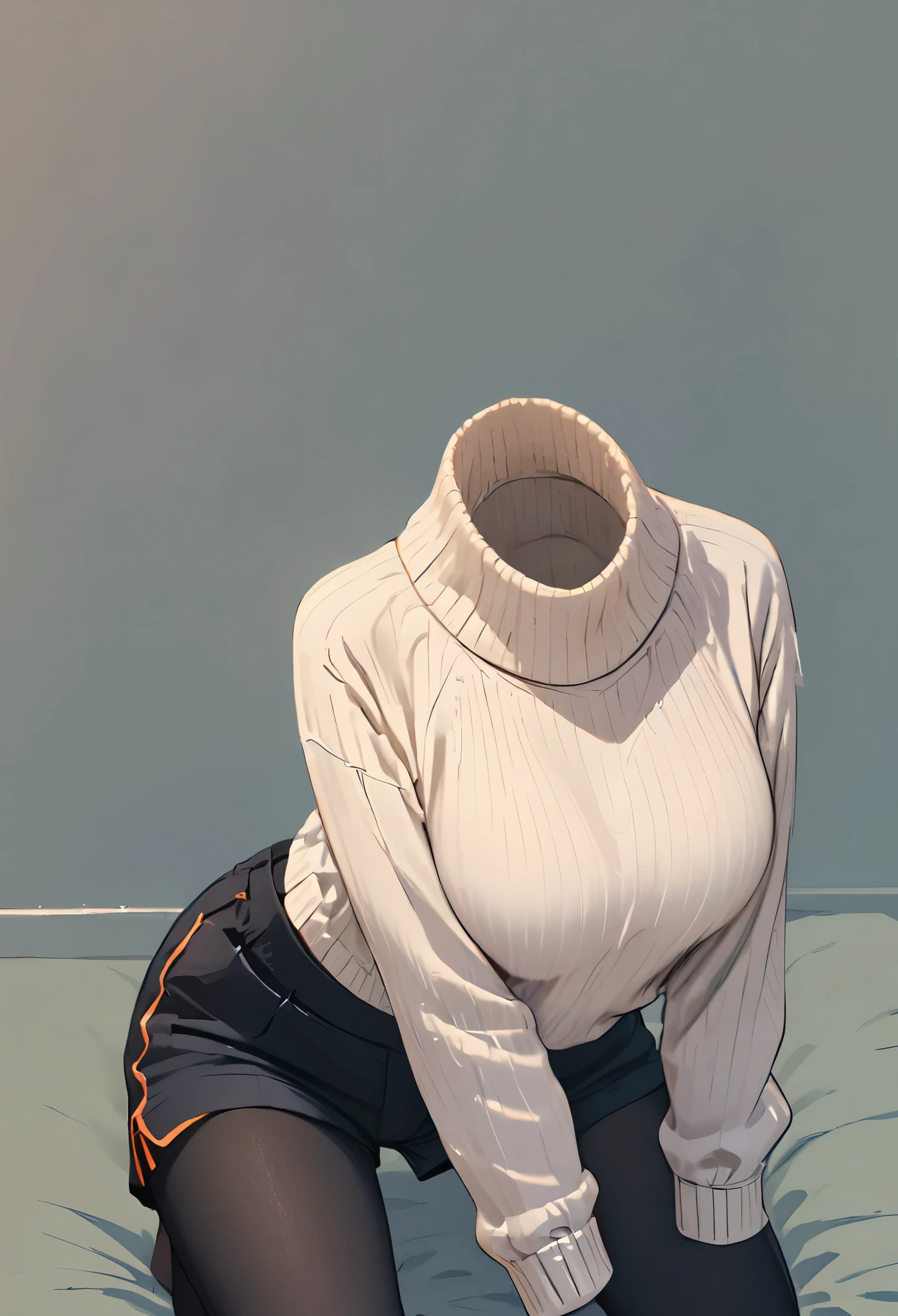 nobody,(best quality:1.2, highres), 1girl, solo, detailed eyes, detailed lips, long eyelashes, white long sleeves turtleneck sweater, sports shorts, pantyhose, realistic lighting, soft pastel colors
