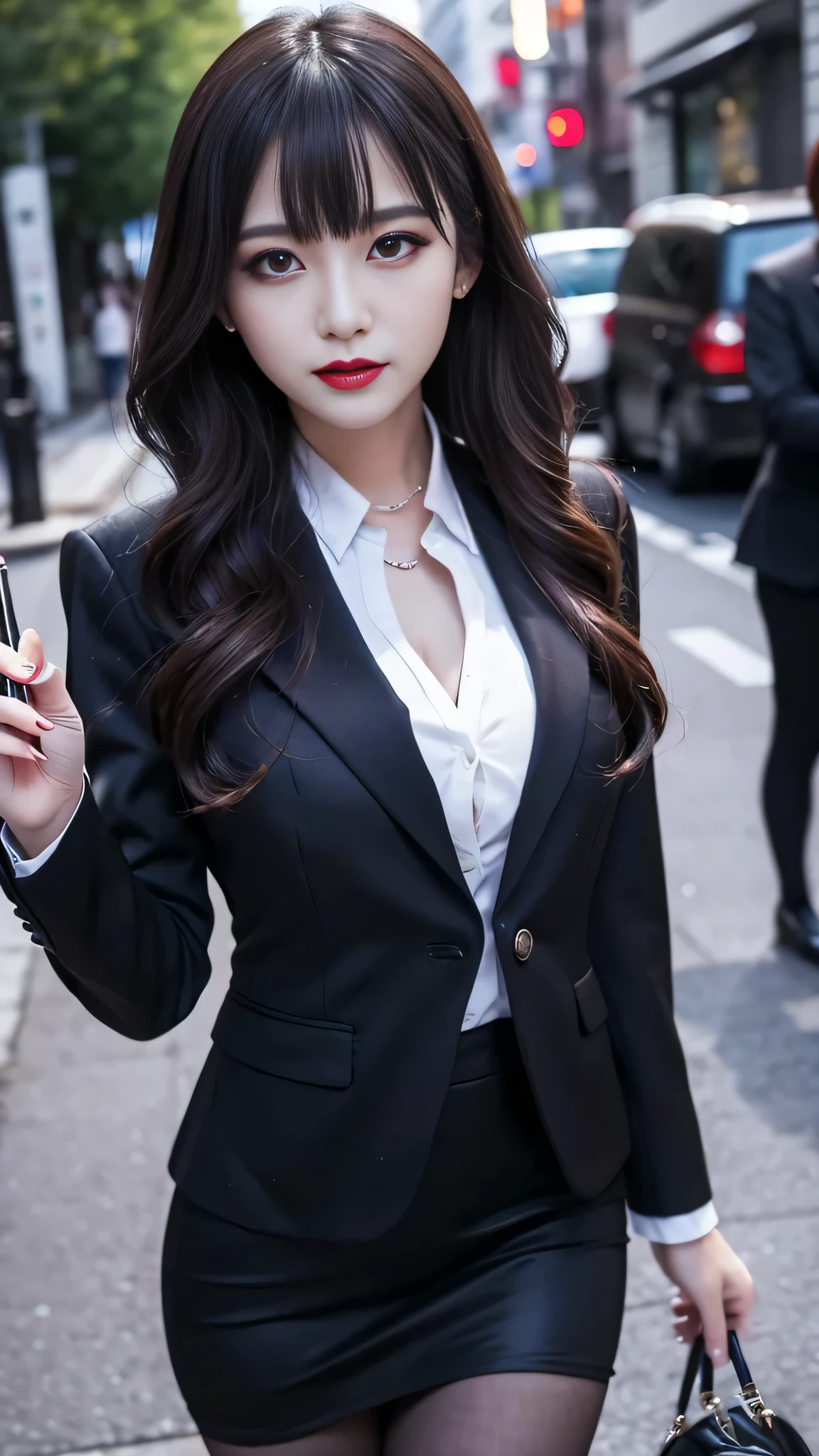 Super detailed、Japanese、charming beauty、seductive adult woman、Beautiful woman、sharp eyes、cool girl、wavy hair、flowing bangs、suit、Jacket、blouse、Tight Skirt、pantyhose、beautiful feet、evilの幹部、evil depravity、brainwashing、Mind control、lipstick、grin、evilな表情、evil、empty eyes、evil、church at night、vampire、Succubus、vampire、Possessed and turned black、makeup brush