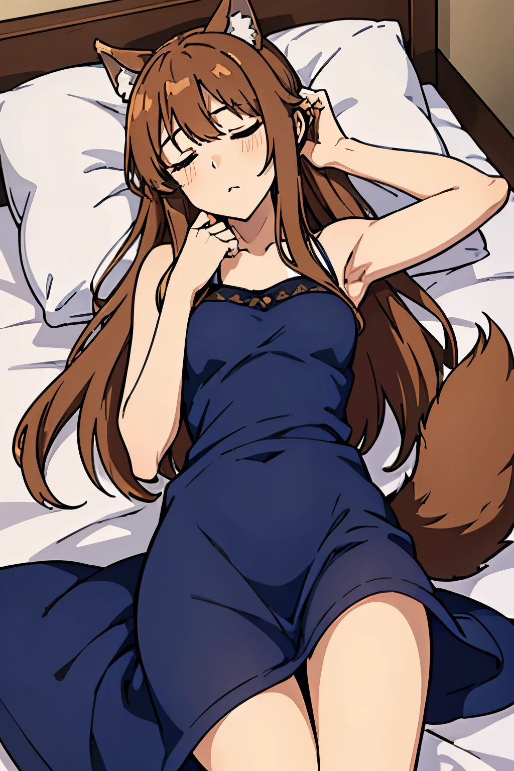 High resolution、highest quality、1 girl、holo、horo、korbo、smile、long hair、white skin、Bright light brown hair、(wolf ears、Bushy tail)、(slender、Are thin、thin legs)、thin thighuscular、(tits)、(navy blue camisole、simple dress)、(((lie in bed、Are sleeping、口を開けてよだれを出してAre sleeping、betrayal)))