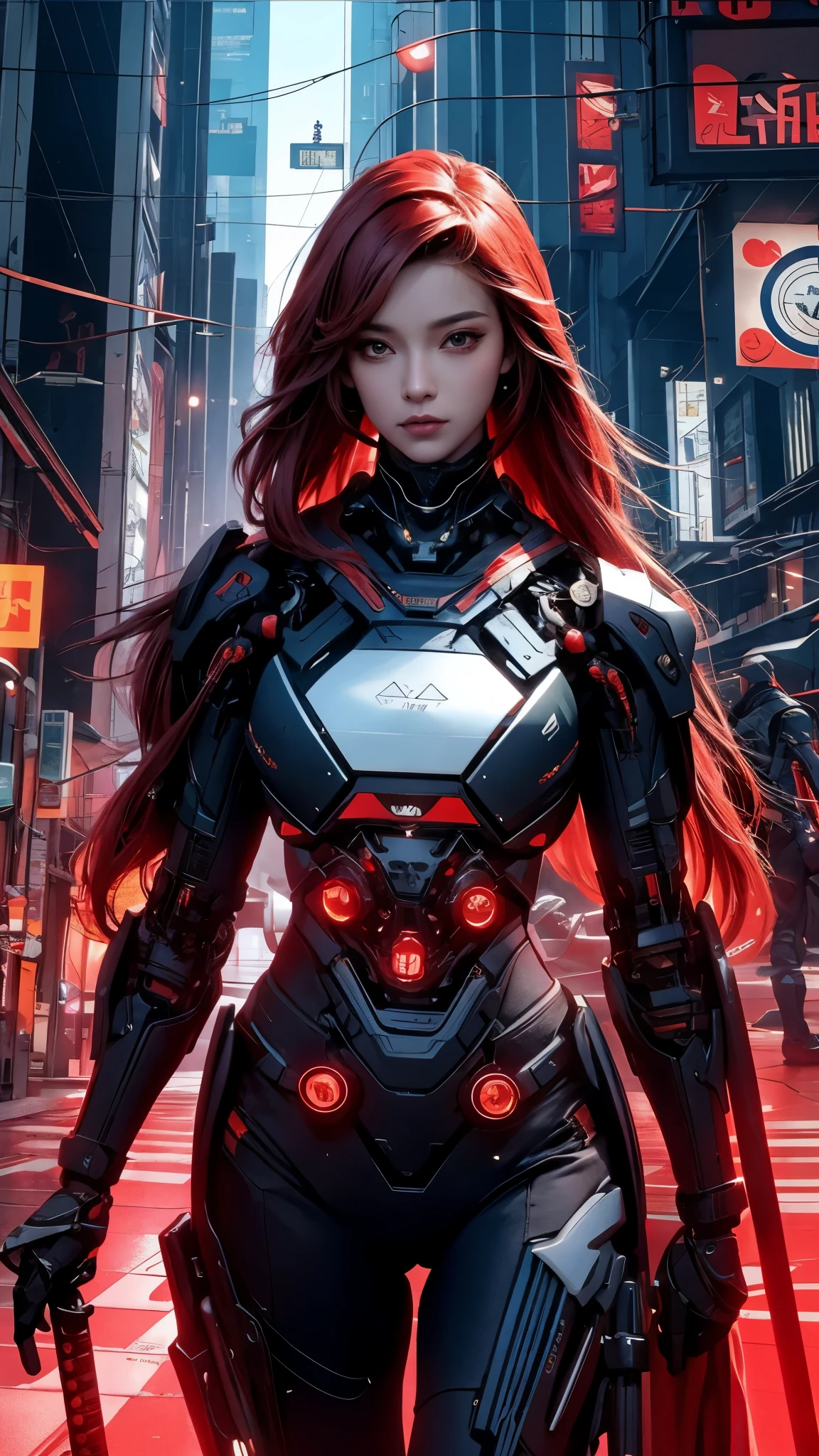 photorealistic, high resolution, soft light,1women, solo, hips up, (detailed face), red long hair, cybersamurai, cyborg, cyberpunk,  cyber armor, holding weapon,glowing,on the street , kimono , sniper looking at the target.