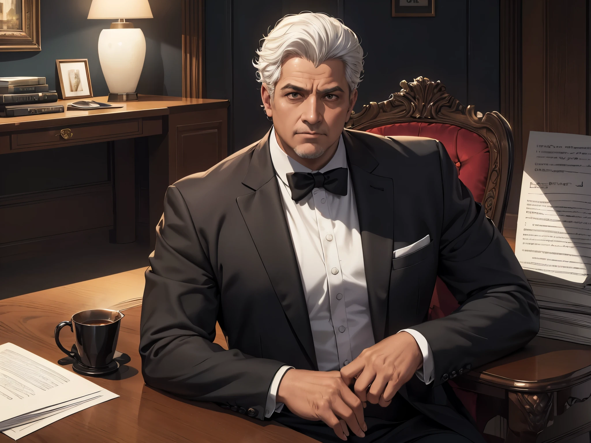 super fine illustration, Ultra high resolution, artwork, Highest quality, Perfect Lighting, Specific lighting, dramatic shadow, ray tracing,middle-aged man, black ethnicity, with short, curly white hair, dressed in an elegant and formal dark suit, sitting at the office table, in a luxurious head of state office, worried expression, morning light (masterpiece)