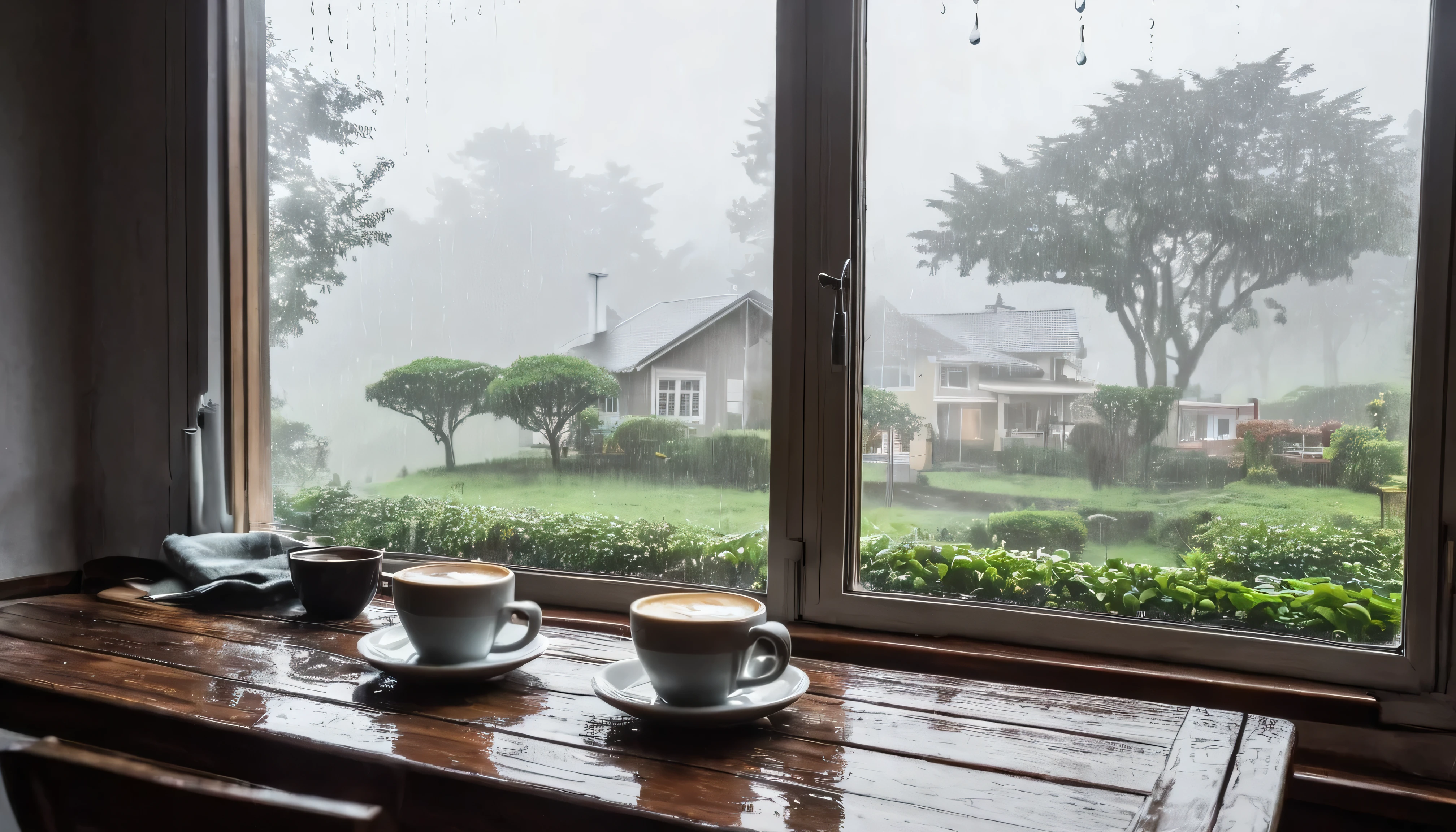 interior view of a house with table with coffees, dia chuvoso e nublado visto pela janela