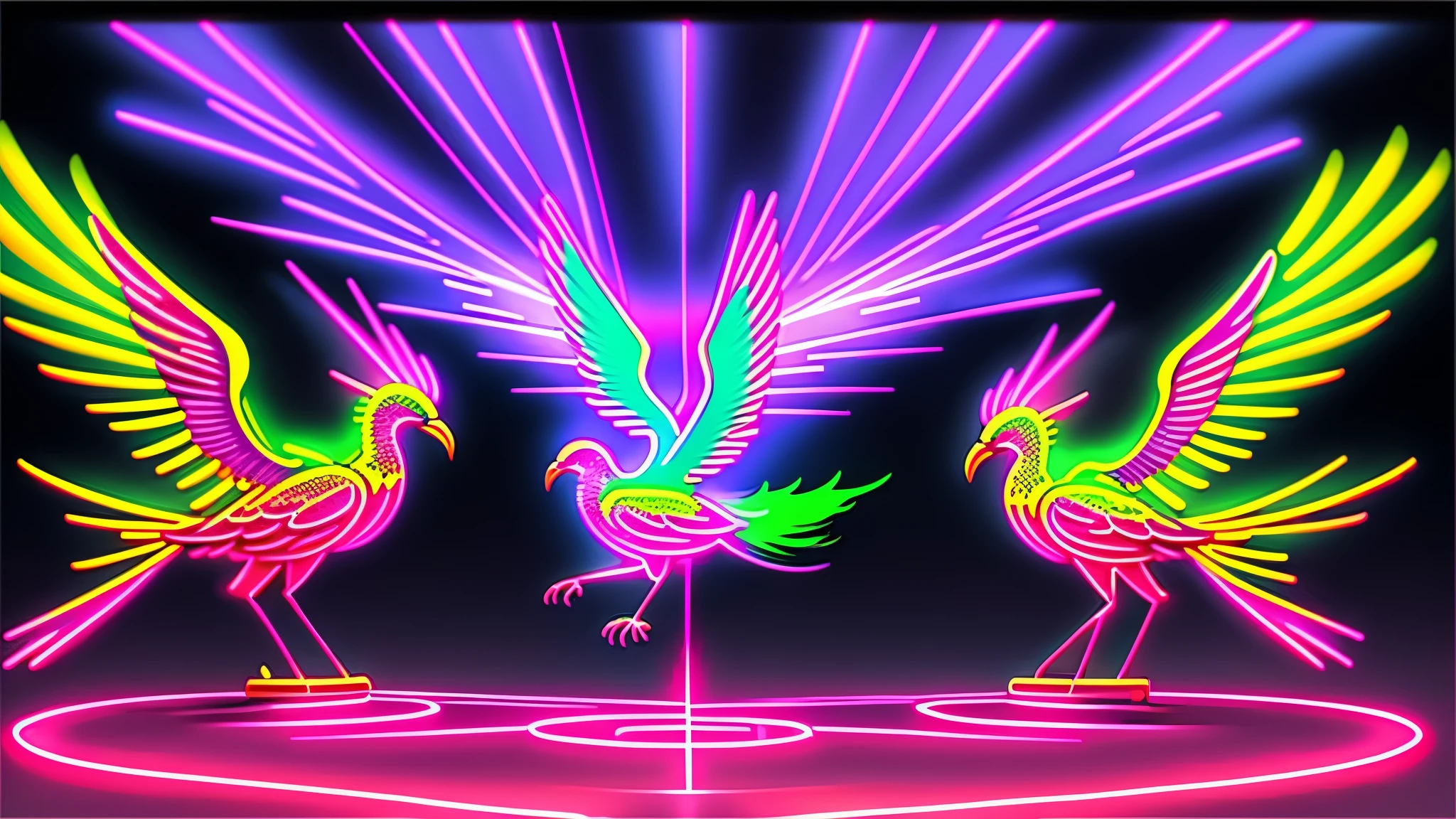 two birds are flying in the air with bright lights, neon glow concept art, outrun art style, neon wings, neon digital art, neon art style, epic retrowave art, neon lights in background, artwork of a phoenix, neon outlines, neon lights in the background, background artwork, hyperbeast design, neon light and fantasy, pink yellow and blue neon signs