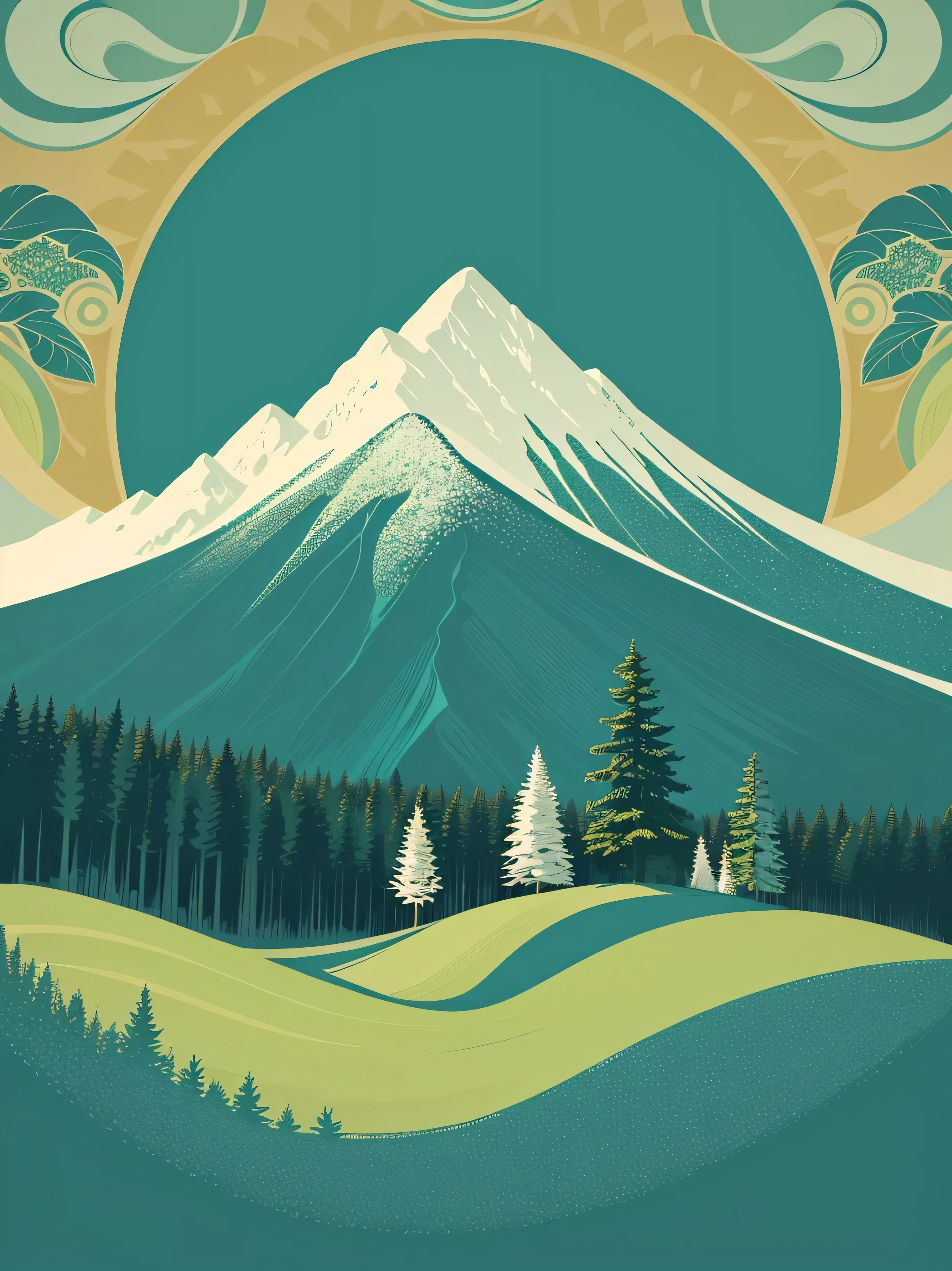 
Samivel vector drawing, Retro poster, vector poster, green mountains, British Columbia landscape, evergreen trees, Inspired by Samivel. pastel colors, soft colors, muted colors, no people, no figures, high quality, very detailed, landscape, wide angle