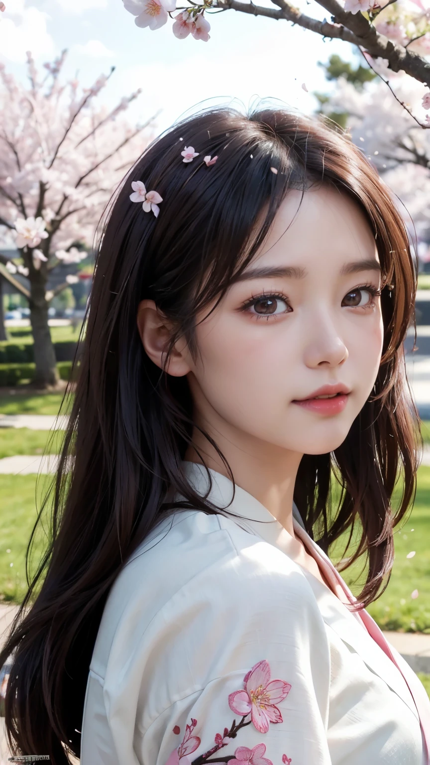 (Logo, Masterpiece, 8k, Tabletop, RAW Photo, Amazing, Top Quality, Photorealistic and Highly Detailed CG Integrated 8k Wallpaper, High Quality, Highly Detailed, Narrative Poetry, Particle Effects, Dynamic Effects, Character Boundary Depth, Cinematic lights, lens flares, ray tracing), fantasy, (single beautiful woman, white kimono, Japanese clothing, white cherry blossom pattern, white cherry blossom embroidery pattern, black hair, beautiful face, real face, beautiful eyes in detail, beautiful skin, long hair) Hair fluttering in the wind, long hair bouncing, long hair dancing in the wind), (cherry blossoms, cherry tree, cherry blossom petals dancing, cherry blossom blizzard, falling petals), hair fluttering in the wind, hair bouncing, pink cherry blossoms, Dancing petals, cherry blossom snowstorm, wonderful scenery, sunrise, background sun, wind, gods, teeth, stories of gods, vast land