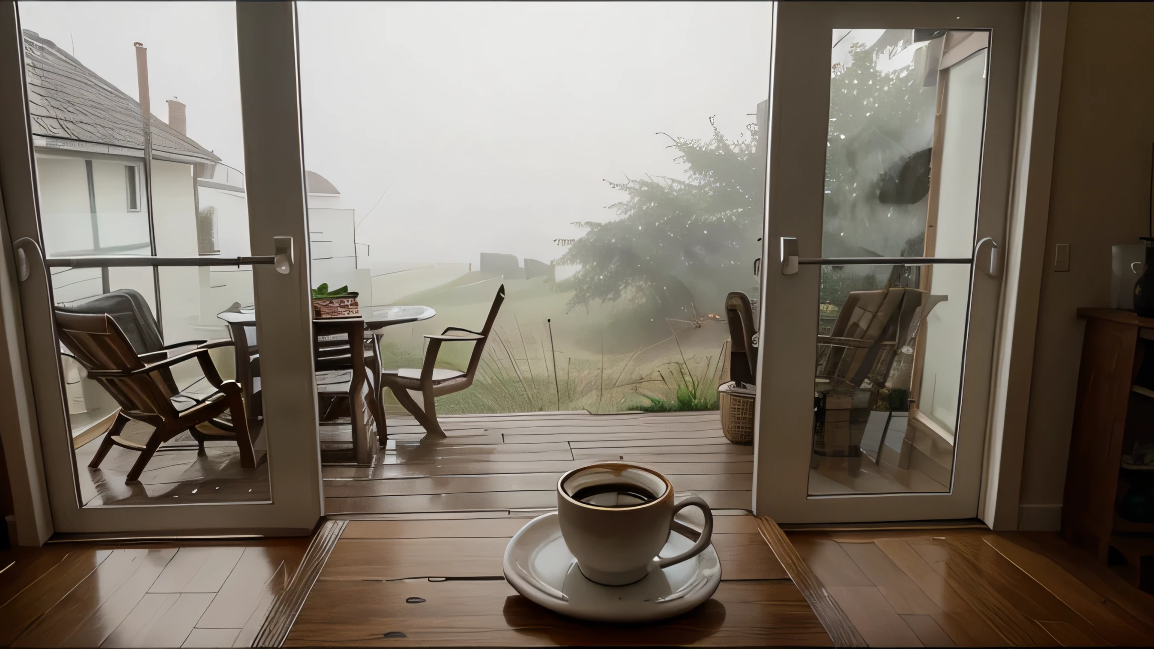 interior view of a house with table with coffees, dia chuvoso e nublado visto pela janela