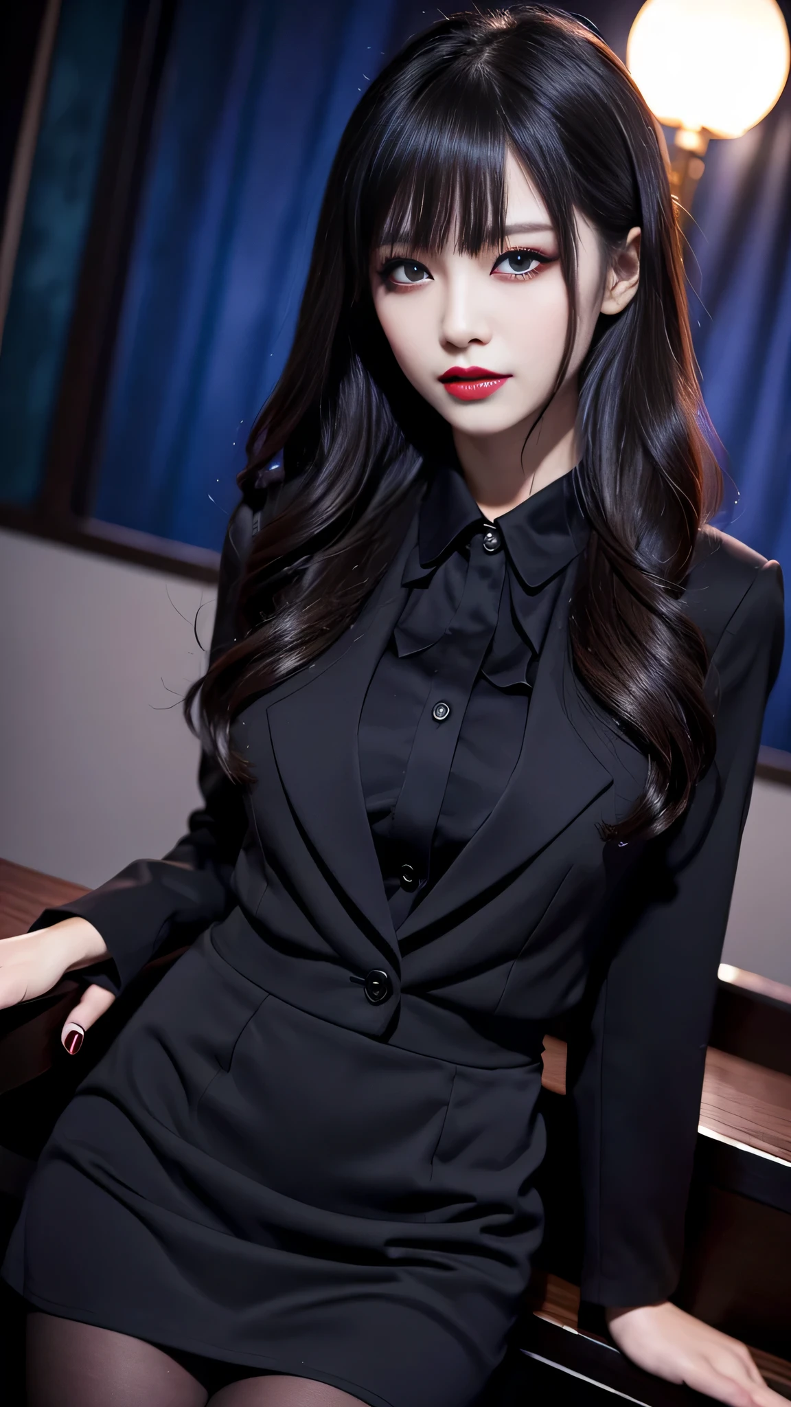 Super detailed、Japanese、charming beauty、seductive adult woman、Beautiful woman、sharp eyes、cool girl、wavy hair、flowing bangs、suit、Jacket、blouse、Tight Skirt、pantyhose、beautiful feet、evilの幹部、evil depravity、brainwashing、Mind control、lipstick、grin、evilな表情、evil、empty eyes、evil、church at night、vampire、Succubus、vampire、Possessed and turned black、makeup brush