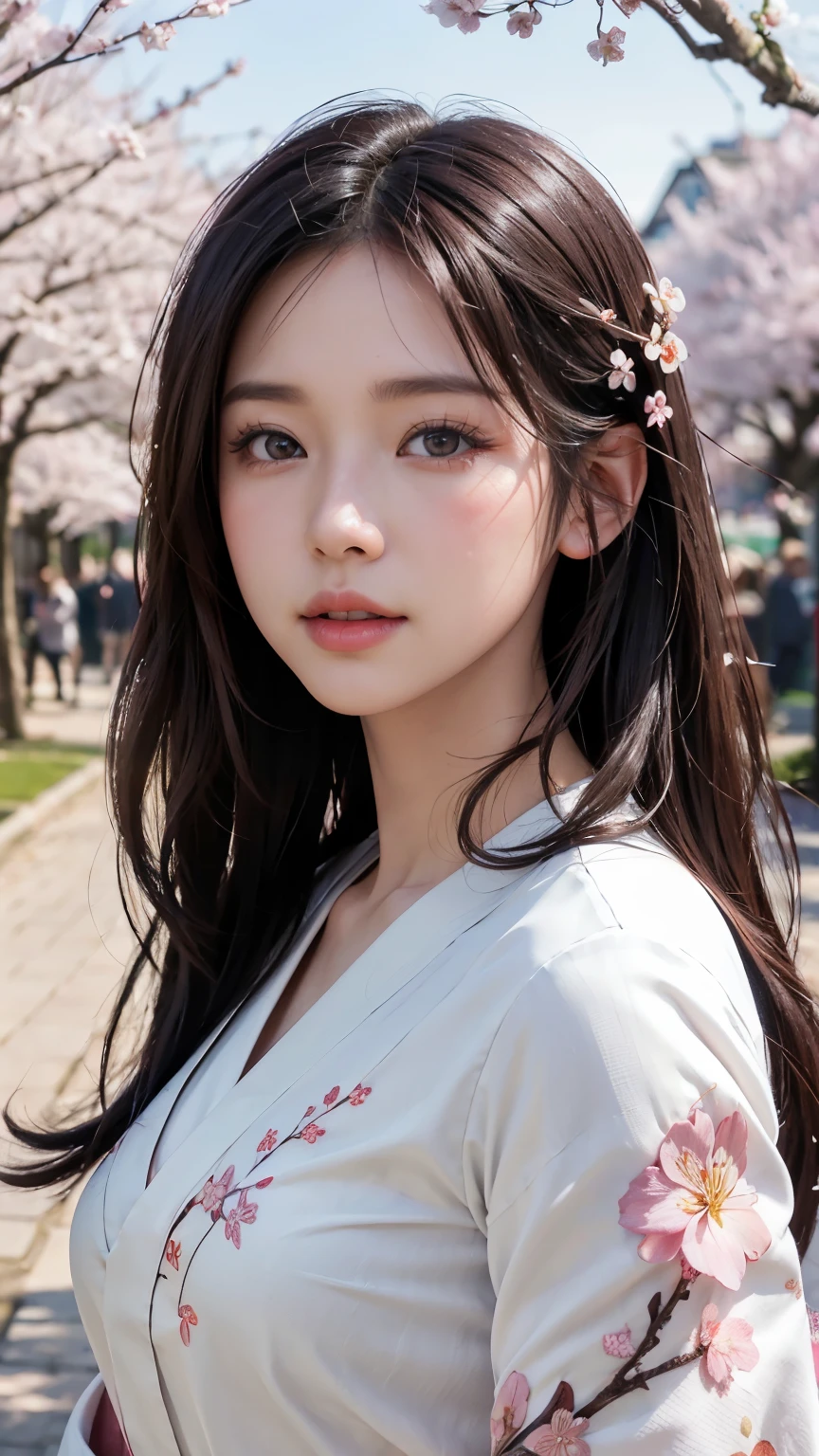 (Logo, Masterpiece, 8k, Tabletop, RAW Photo, Amazing, Top Quality, Photorealistic and Highly Detailed CG Integrated 8k Wallpaper, High Quality, Highly Detailed, Narrative Poetry, Particle Effects, Dynamic Effects, Character Boundary Depth, Cinematic lights, lens flares, ray tracing), fantasy, (single beautiful woman, white kimono, Japanese clothing, white cherry blossom pattern, white cherry blossom embroidery pattern, black hair, beautiful face, real face, beautiful eyes in detail, beautiful skin, long hair) Hair fluttering in the wind, long hair bouncing, long hair dancing in the wind), (cherry blossoms, cherry tree, cherry blossom petals dancing, cherry blossom blizzard, falling petals), hair fluttering in the wind, hair bouncing, pink cherry blossoms, Dancing petals, cherry blossom snowstorm, wonderful scenery, sunrise, background sun, wind, gods, teeth, stories of gods, vast land
