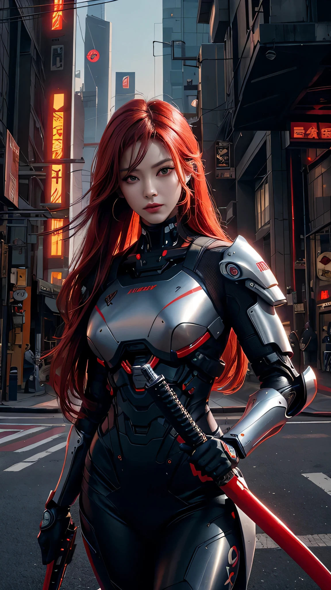 photorealistic, high resolution, soft light,1women, solo, hips up, (detailed face), red long hair, cybersamurai, cyborg, cyberpunk, cyber armor, holding weapon,glowing,on the street , kimono , sniper looking at the target.
