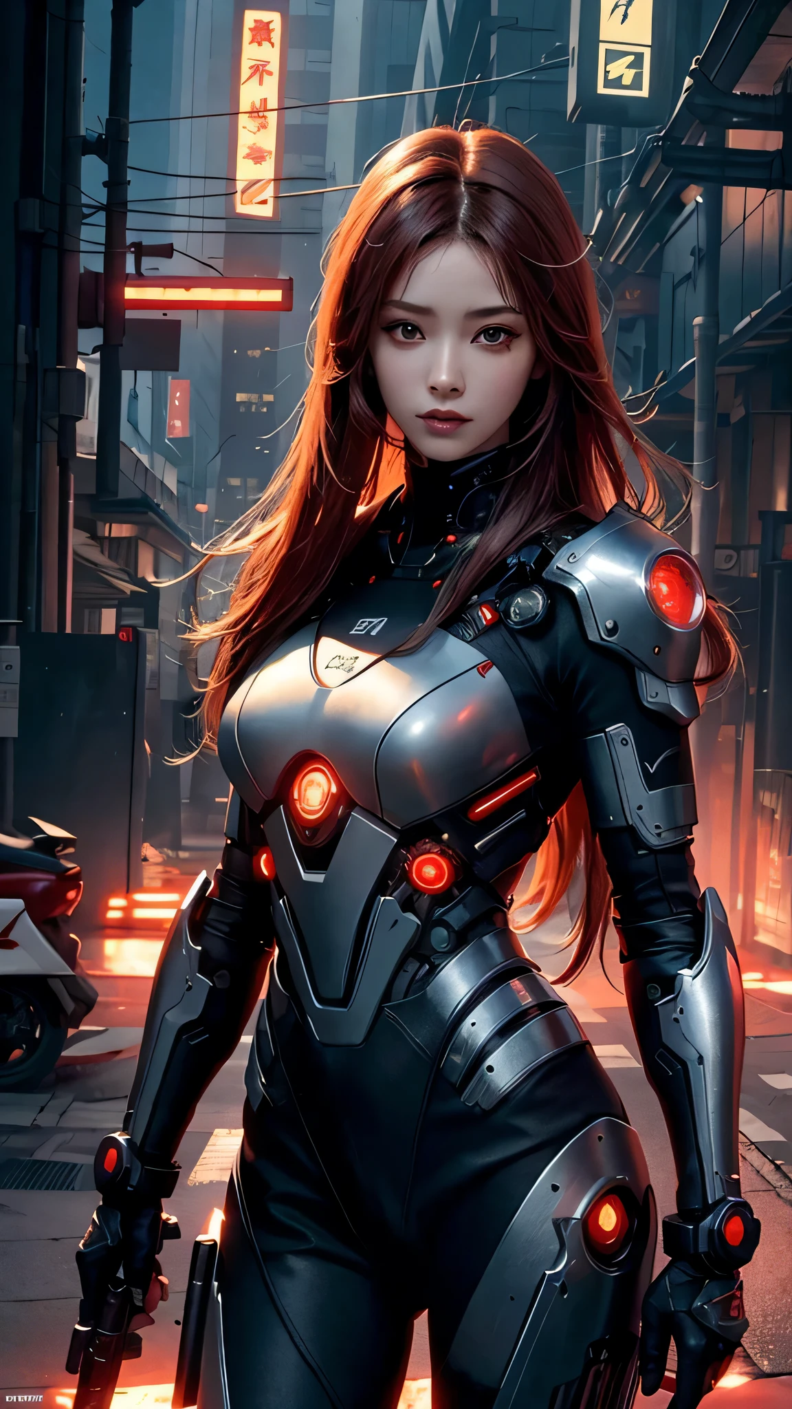 photorealistic, high resolution, soft light,1women, solo, hips up, (detailed face), red long hair, cybersamurai, cyborg, cyberpunk, cyber armor, holding weapon,glowing,on the street , kimono , sniper looking at the target.