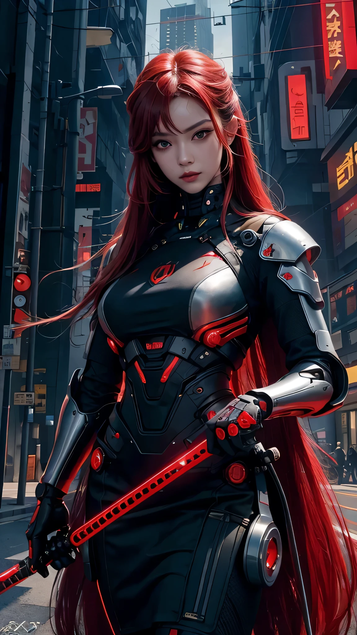 photorealistic, high resolution, soft light,1women, solo, hips up, (detailed face), red long hair, cybersamurai, cyborg, cyberpunk,  cyber armor, holding weapon,glowing,on the street , kimono , sniper looking at the target.