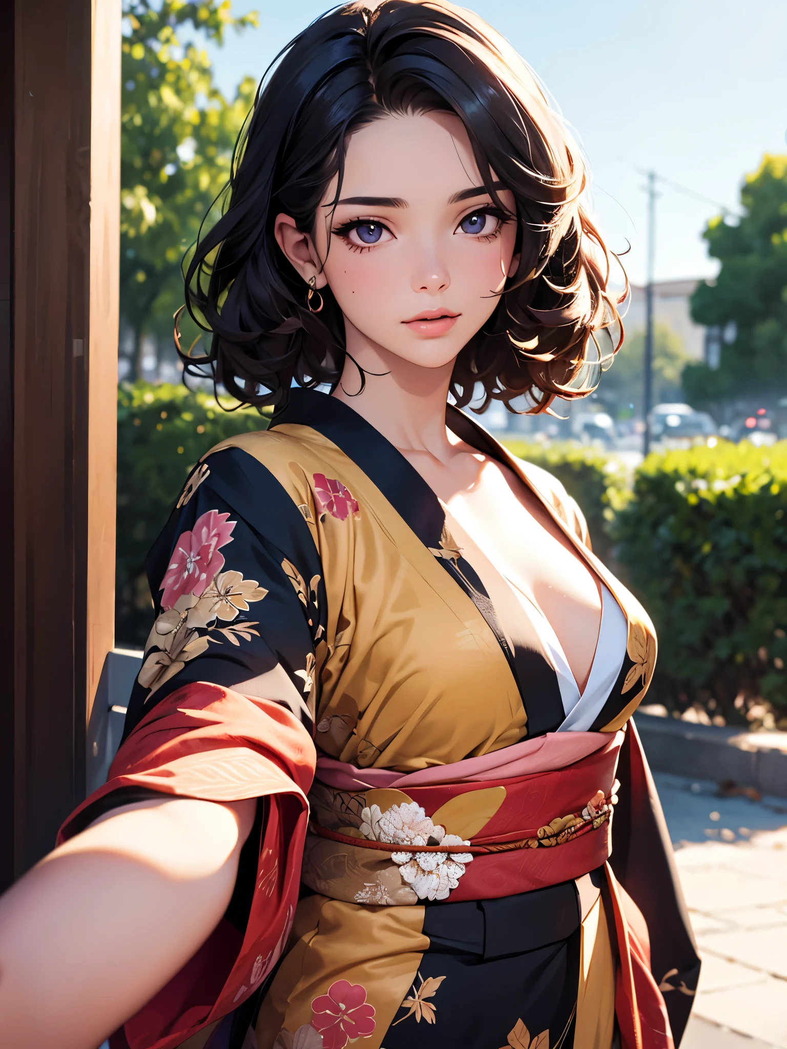 Girl in gorgeous kimono, top lens,((Selfie)), random background, kiss, fair, French short curly hair, Tear nevus under left eye, medium breasts, Flirting look, ((Very detailed)), (Perfect facial details), (Detailed hands), realistic images.