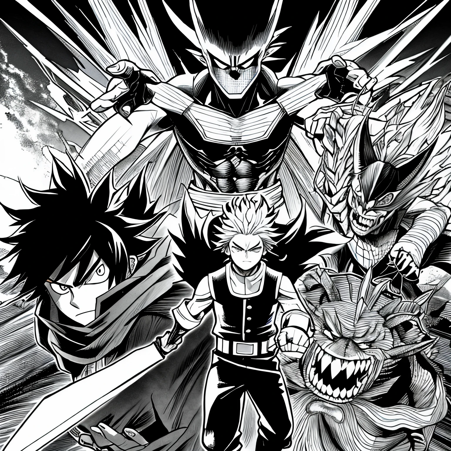 In the midst of a fierce battle, Muzan strikes with deadly precision, his monstrous form towering above the fallen bodies of his adversaries. Tomioka, determined to protect his comrades, fearlessly charges forward, his blade raised high. At the last moment, Tanjiro, driven by an unwavering resolve, leaps in front of the tentacled menace, shielding his fellow demon slayer from certain doom. The intensity of the scene is captured in this epic anime moment, with vivid colors and intricate details bringing the characters to life. The 4K resolution showcases every intricate brushstroke, portraying Muzan's energy-infused form and the determination etched on Tanjiro's face. This highly detailed portrait of heroism is