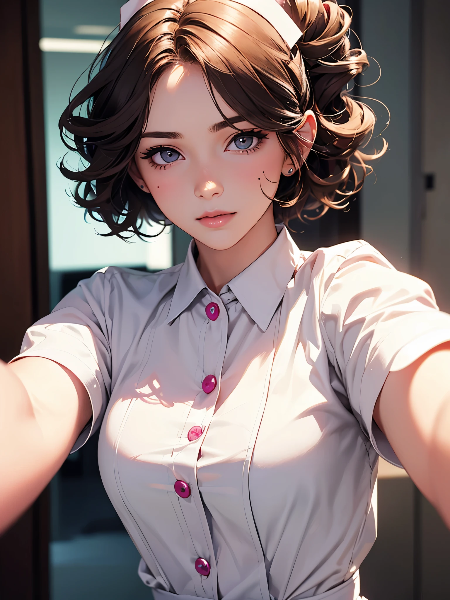 girl wearing nurse uniform, top lens,((Selfie)), random background, kiss, fair, French short curly hair, Tear nevus under left eye, medium breasts, Nevus on left upper chest, Flirting look, ((Very detailed)), (Perfect facial details), (Detailed hands), realistic images.