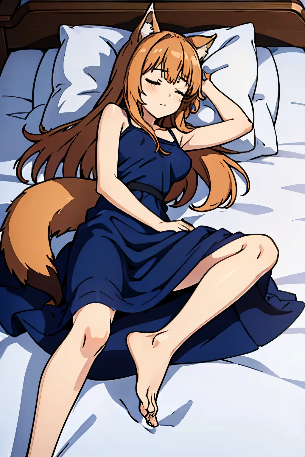 High resolution、highest quality、1 girl、holo、horo、korbo、smile、long hair、white skin、Bright light brown hair、(wolf ears、Bushy tail)、(slender、Are thin、thin legs)、thin thighuscular、(big boobs)、bad sleeping position、(navy blue camisole、simple dress)、(((lie in bed、Are sleeping、Are sleeping)))