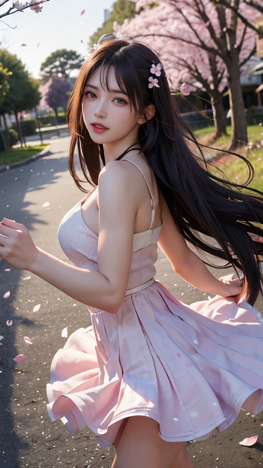 (Logo, Masterpiece, 8k, Tabletop, RAW Photo, Amazing, Top Quality, Photorealistic and Highly Detailed CG Integrated 8k Wallpaper, High Quality, Highly Detailed, Narrative Poetry, Particle Effects, Dynamic Effects, Character Boundary Depth, (cinematic lights, lens flares, ray tracing), fantasy, (single beautiful woman, dress, one piece, black hair, beautiful face, real face, beautiful eyes in detail, beautiful skin, long hair fluttering in the wind, long hair bouncing , long hair dancing in the wind), (cherry blossoms, cherry tree, cherry blossom petals dancing, cherry blossom blizzard, falling petals), wind blowing hair, hair flying, pink cherry blossoms, petals dancing, cherry blossom blizzard, wonderful scenery, sunrise , background sun, wind, gods, teeth, divine story, vast land